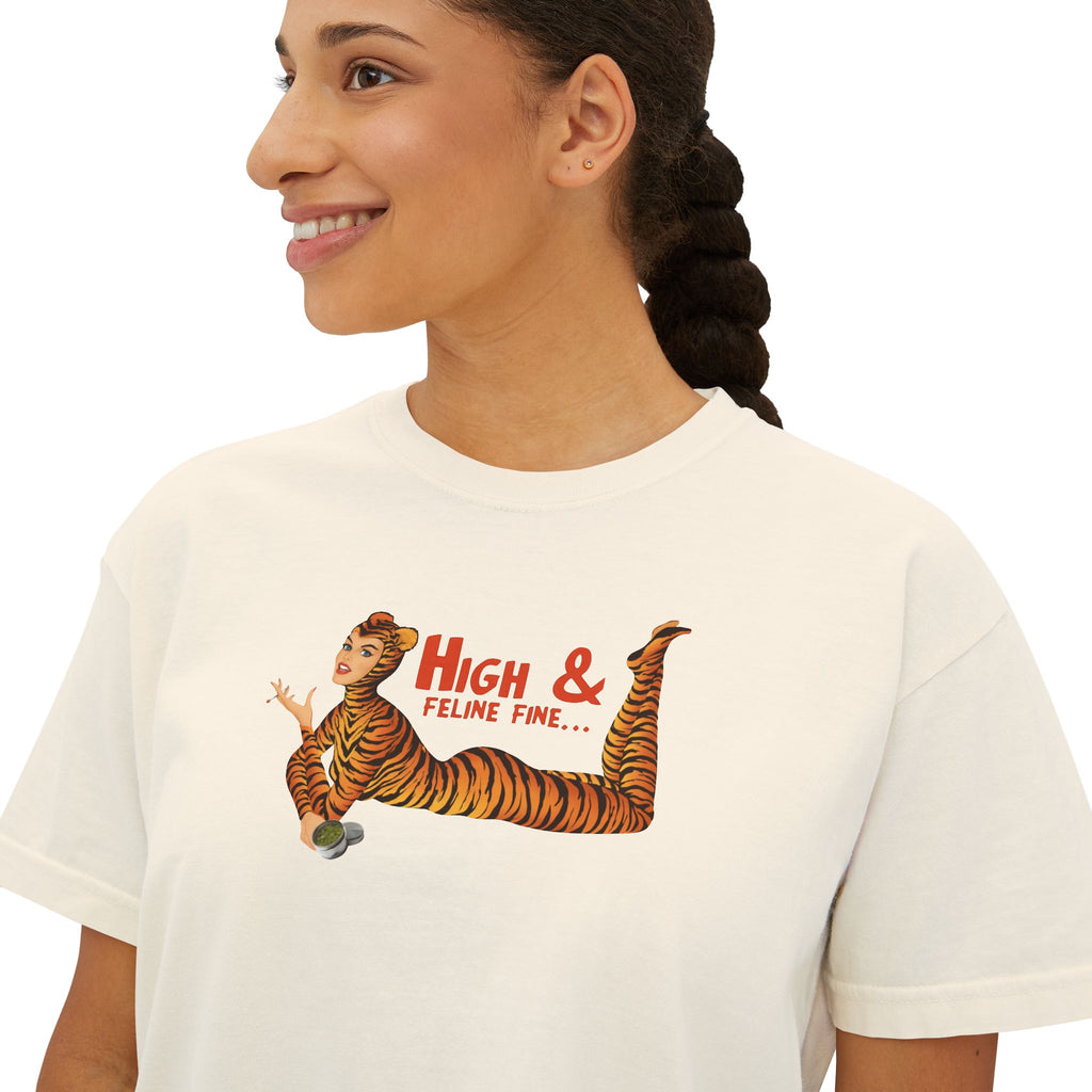High & Feline Fine Women's Boxy Tee — Cute Retro Tiger Pinup Graphic