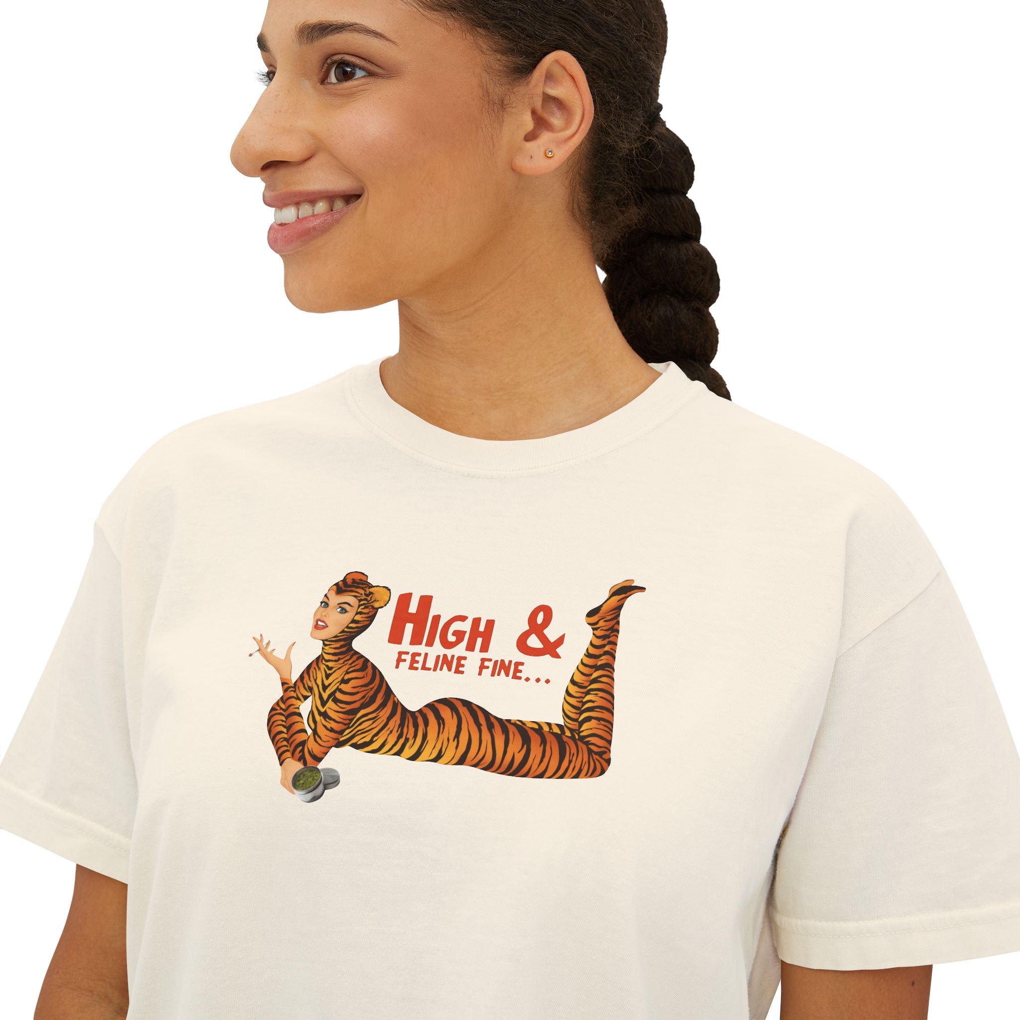 High & Feline Fine Women's Boxy Tee — Cute Retro Tiger Pinup Graphic