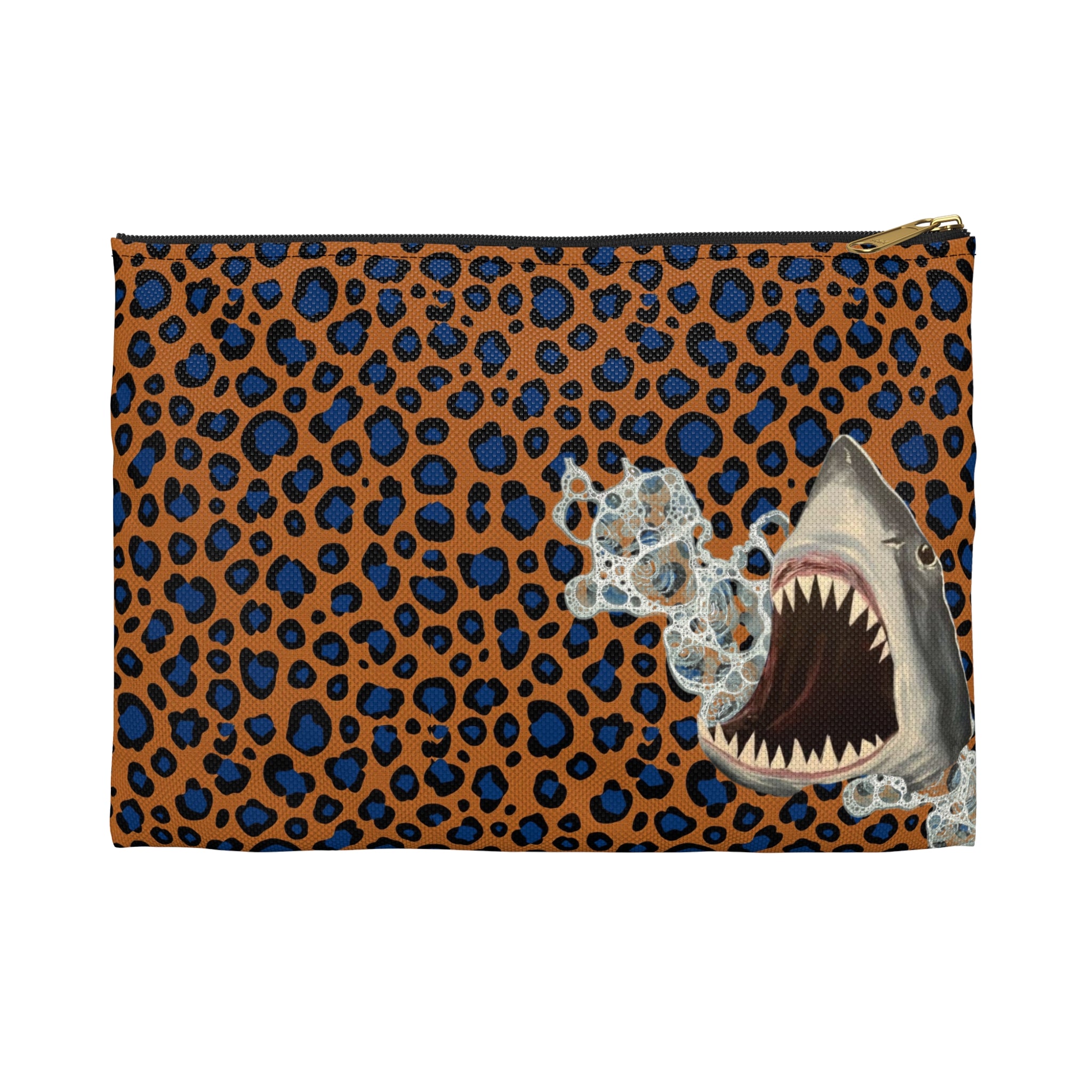 Orange and Blue Animal print Shark Bite AccessoryDark Ocean Makeup & Travel Zipper Bag 2 sizes! Low Brow Art, Pop Art makeup bag carry all