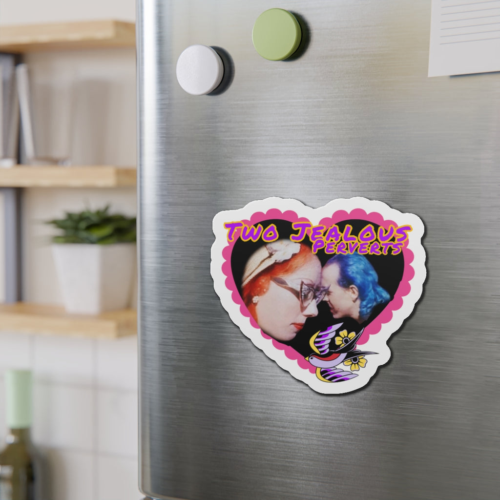 Two Jealous Perverts, John Waters Pink Flamingos, Mink Stole and David Lochary Die-Cut Magnet — “Two Jealous Perverts” Retro Heart Photo Magnet