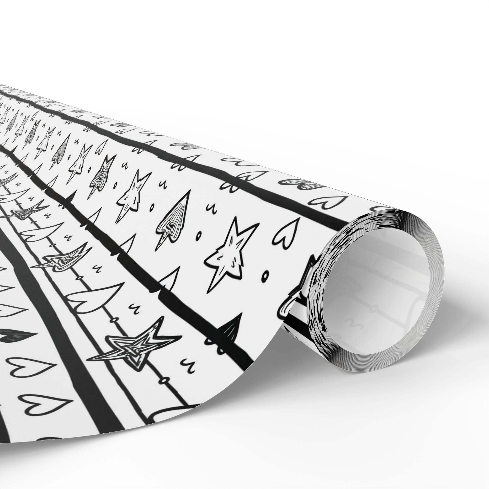 Gift Wrap Sheets Doodle Hearts Stars Black White