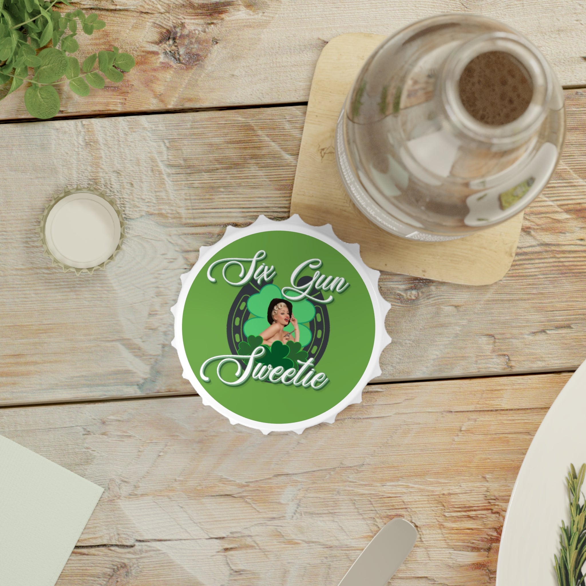 Bottle Opener — "Six Gun Sweetie" Retro Pinup St. Patrick's Day Design