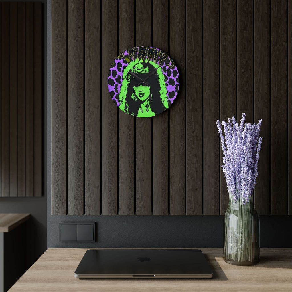 The Cramps Gothic Pop Portrait Acrylic Wall Clock — Neon Green & Purple Leopard Design