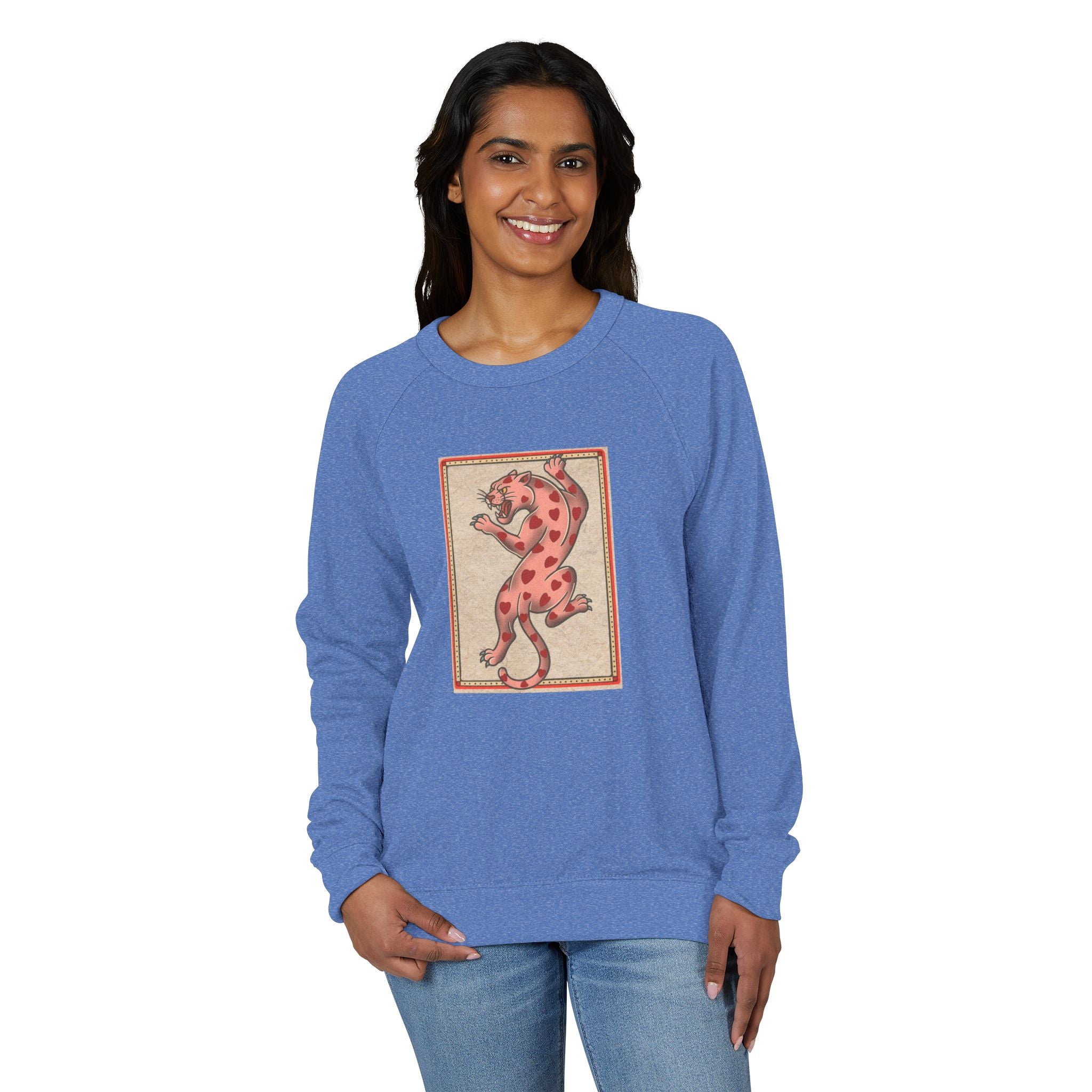 French Terry Raglan Crewneck Sweatshirt - Pink Leopard Heart Tattoo Flash Design