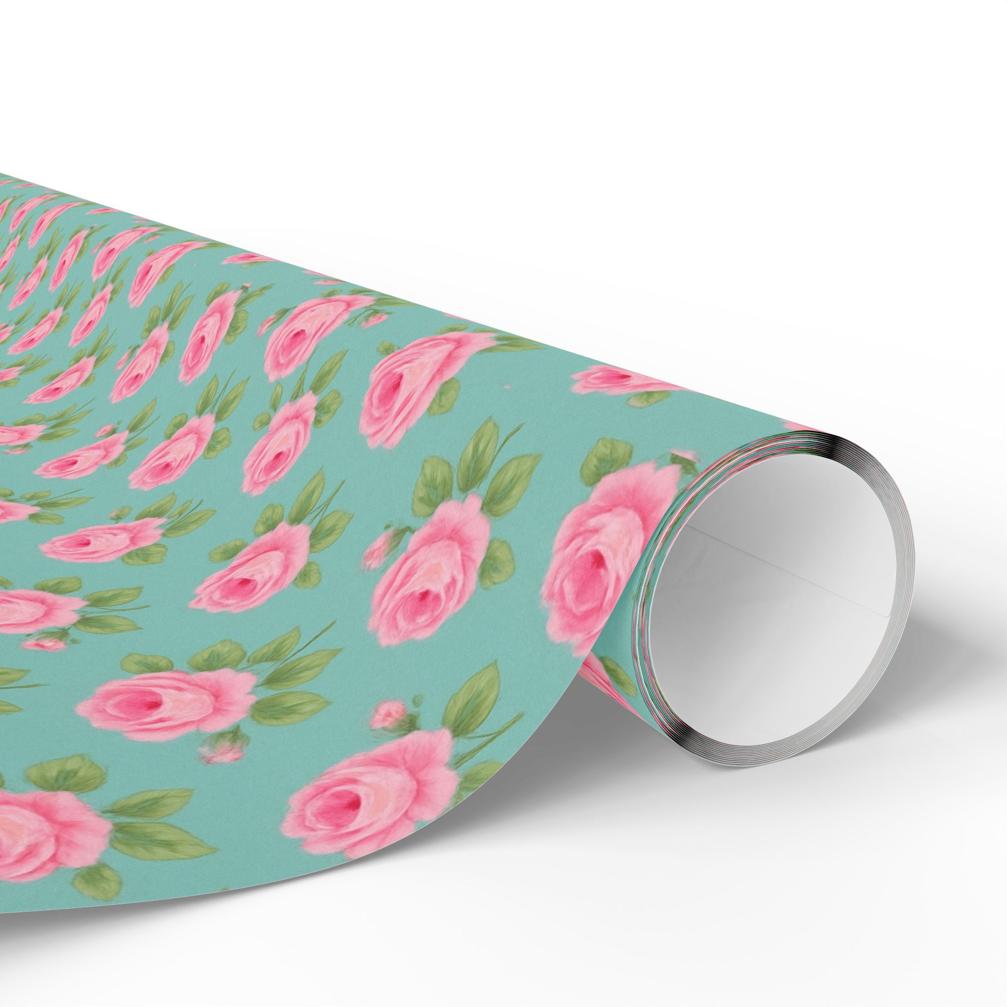 Romantic shabby chic cottage core pink rosie pattern on a turquoise background vintage