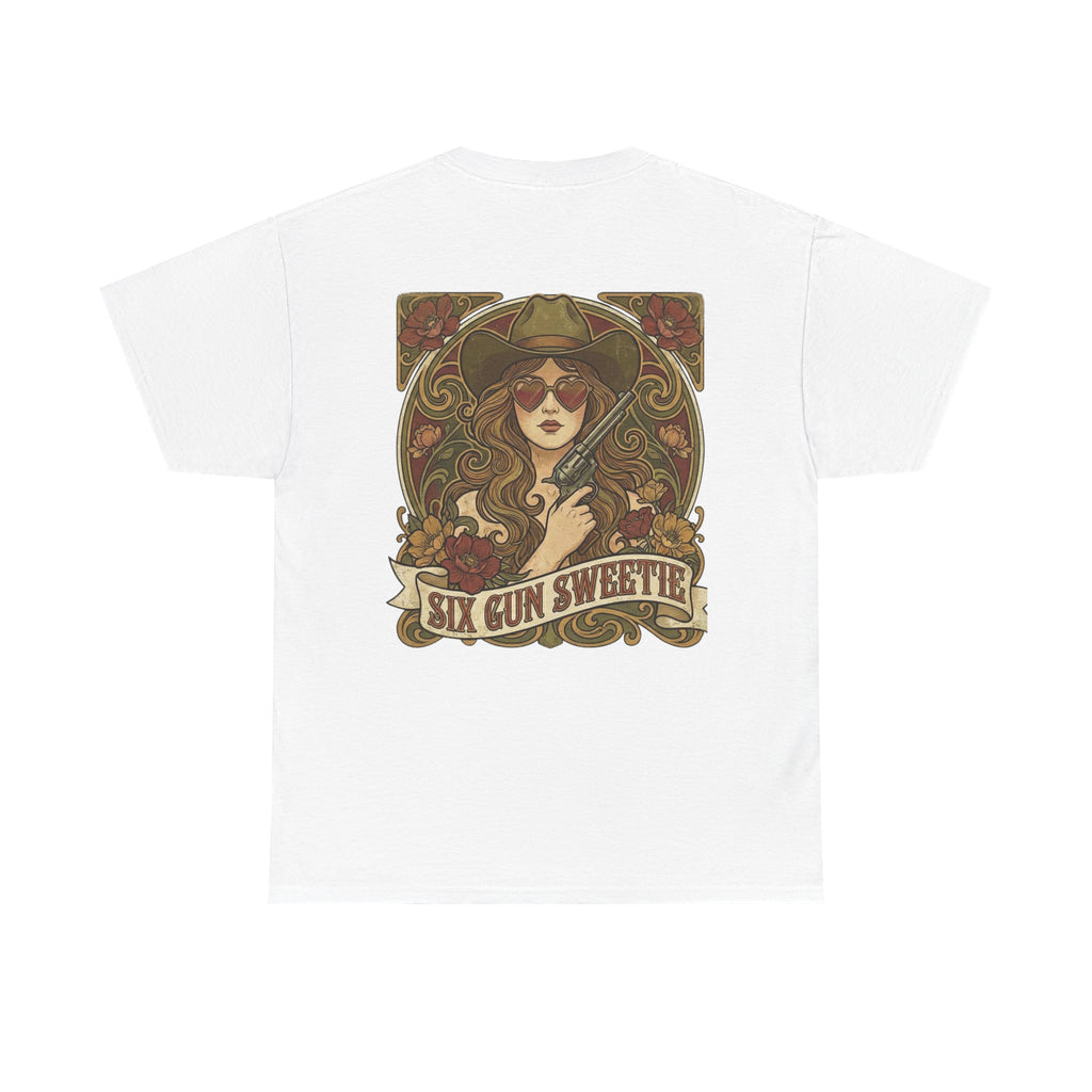 Cowgirl Sweetie Tee — "Six Gun Sweetie" Heart-Sunglasses Wild West Feminist Shirt