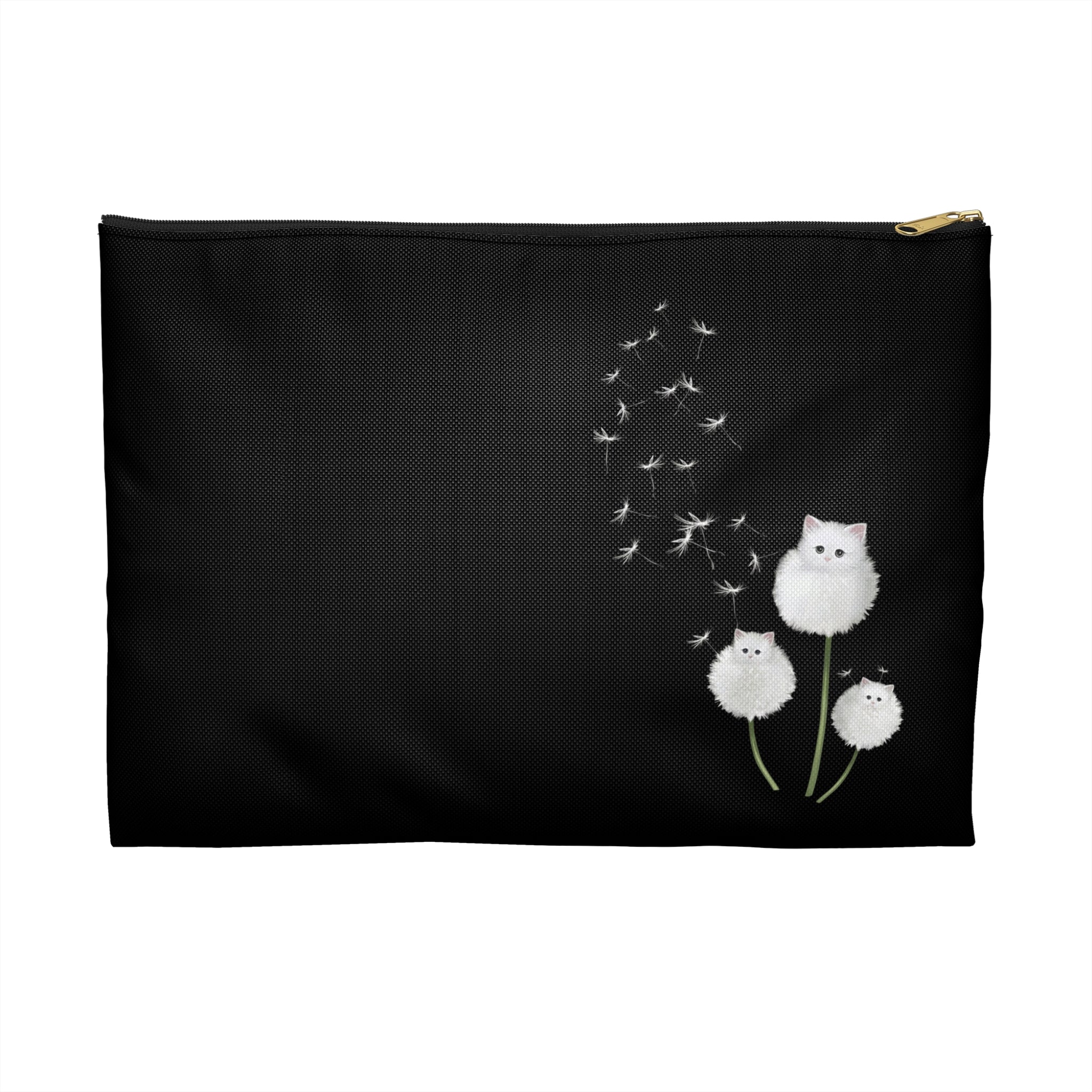 Cute White Kitten Dandelion Accessory Pouch — Whimsical Cat Lover Makeup Bag