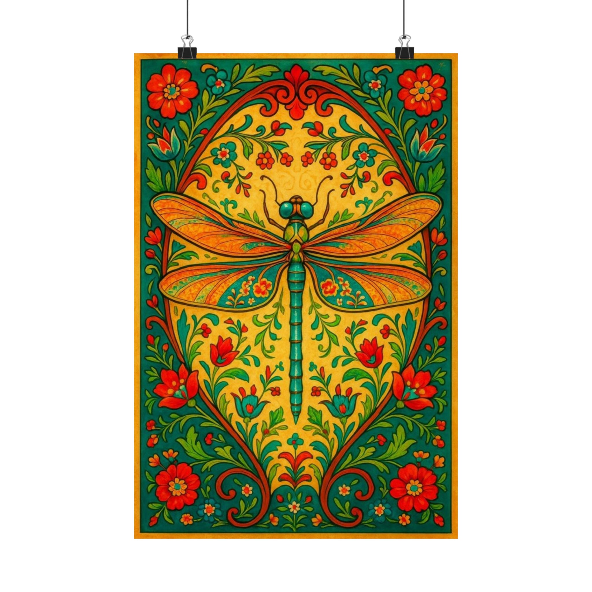 Colorful Dragonfly Art Print, Vintage Floral Poster, Botanical Wall Decor, Nature Lover Gift, Home Decoration