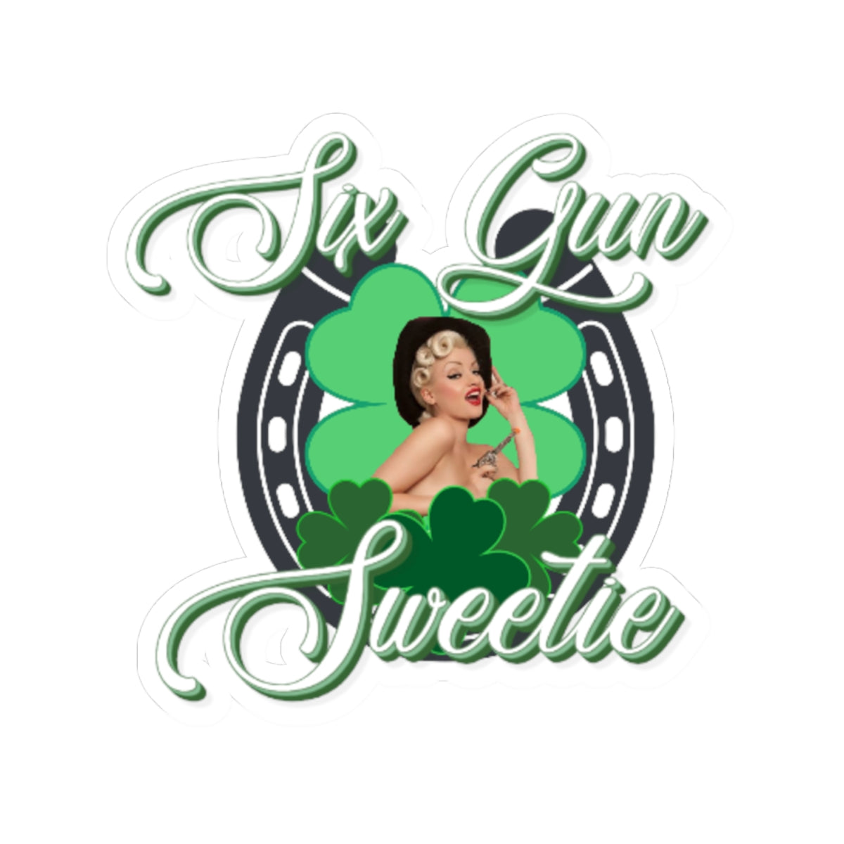 Six Gun Sweetie Kiss-Cut Sticker — Retro Pin-Up Shamrock & Horseshoe Design