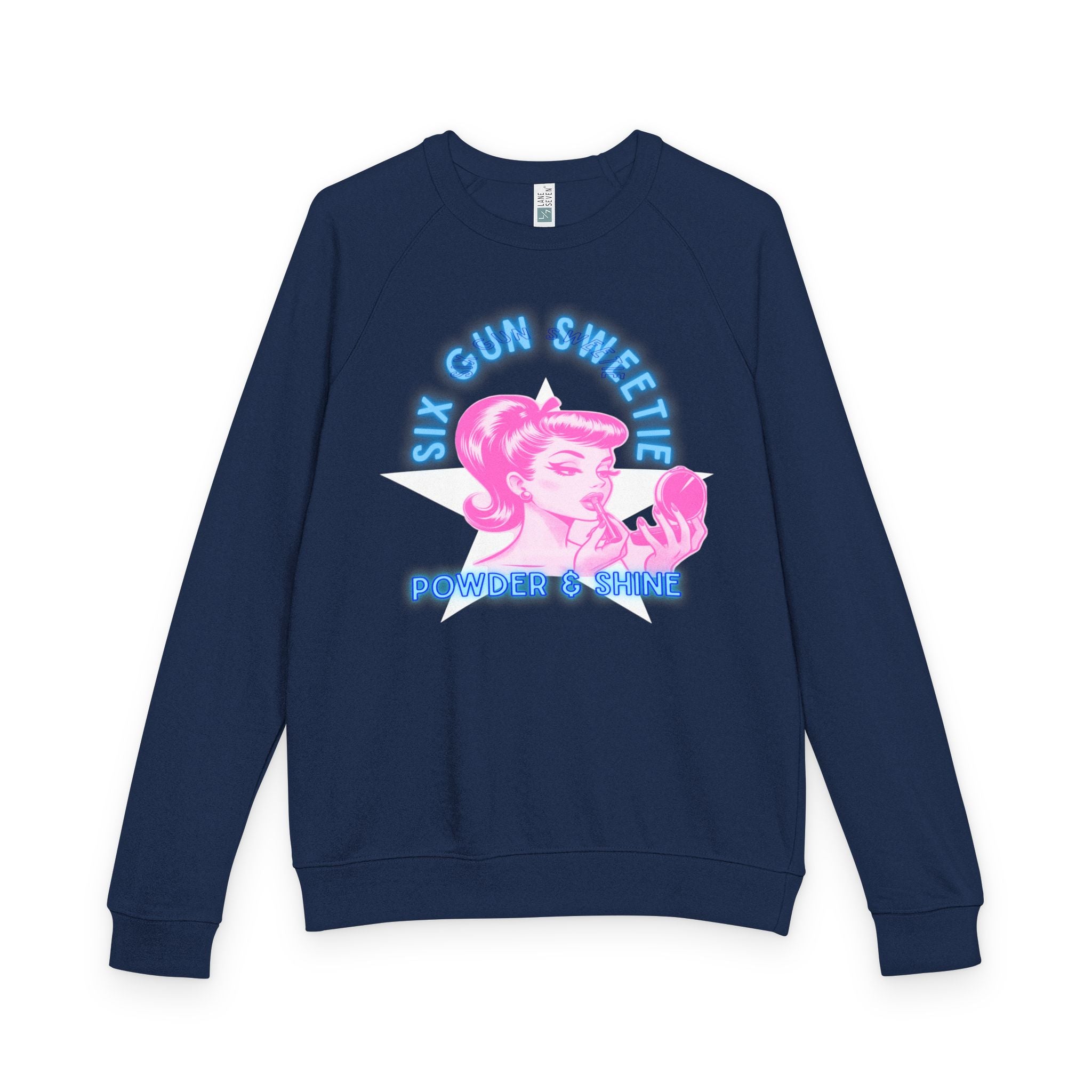 Raglan Crewneck Sweatshirt - Six Gun Sweetie Vintage Girl Applying Lipstick