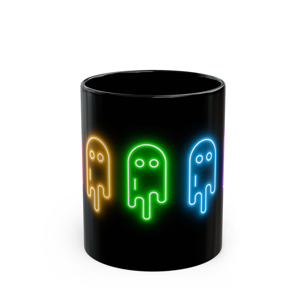 Neon Ghost Black Mug, Cute Ghost Mug, Halloween Coffee Cup, Colorful Drinkware, Spooky Gift for Kids