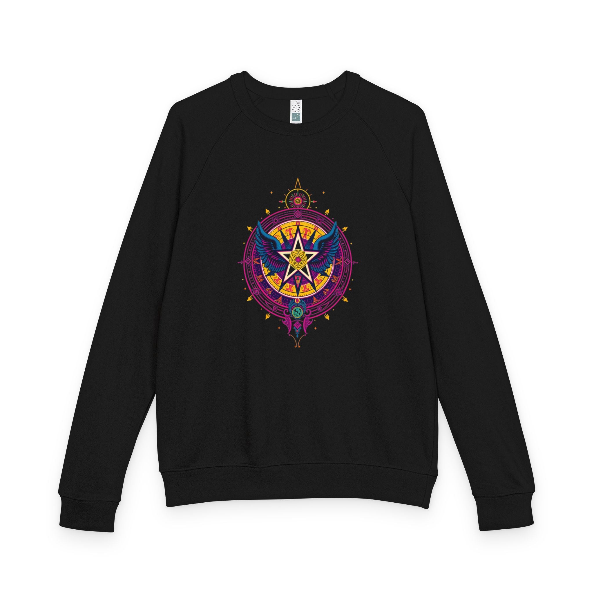 Raglan Crewneck Sweatshirt with Winged Star Rock and Roll Vintage Band Hippie Design