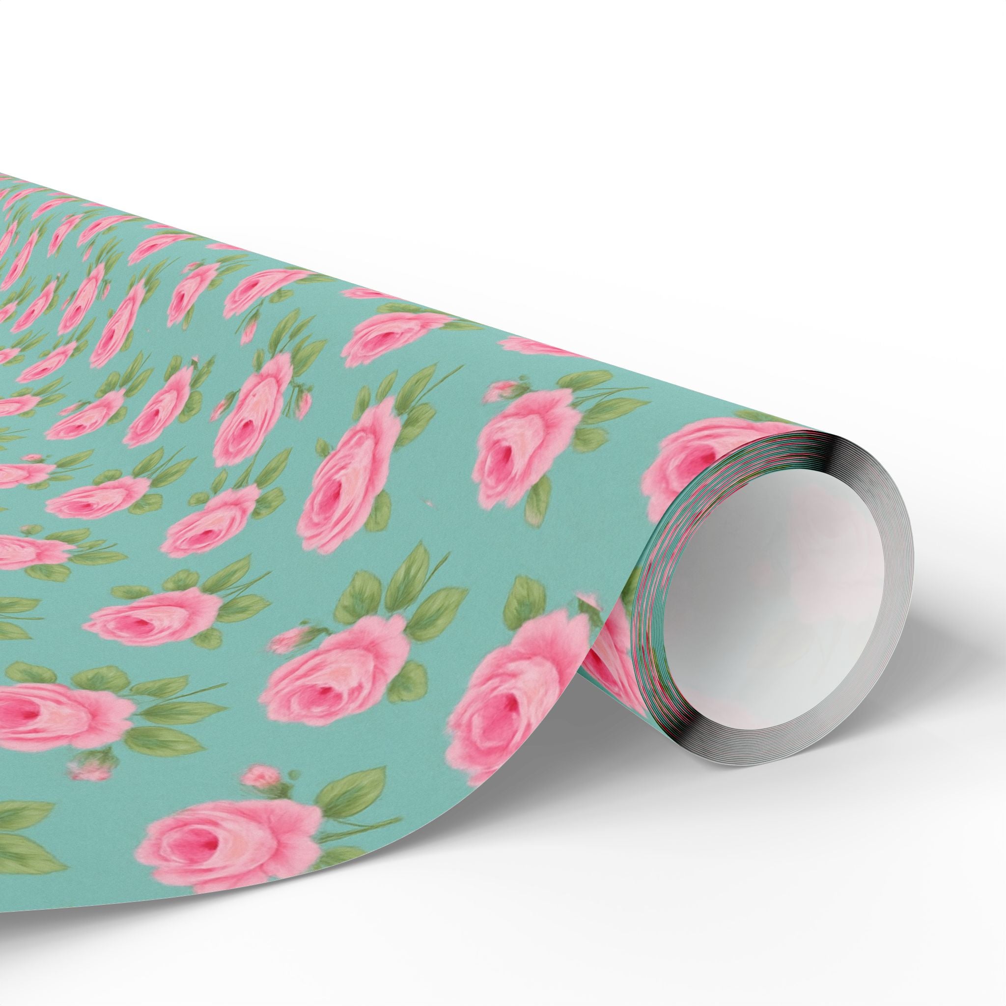 Romantic shabby chic cottage core pink rosie pattern on a turquoise background vintage