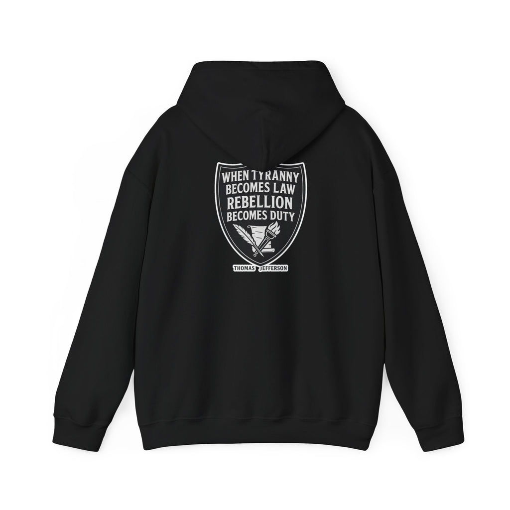 Hooded Sweatshirt featuring Thomas Jefferson Tyranny Quote and Six Guns Design, Streetwear Revolution