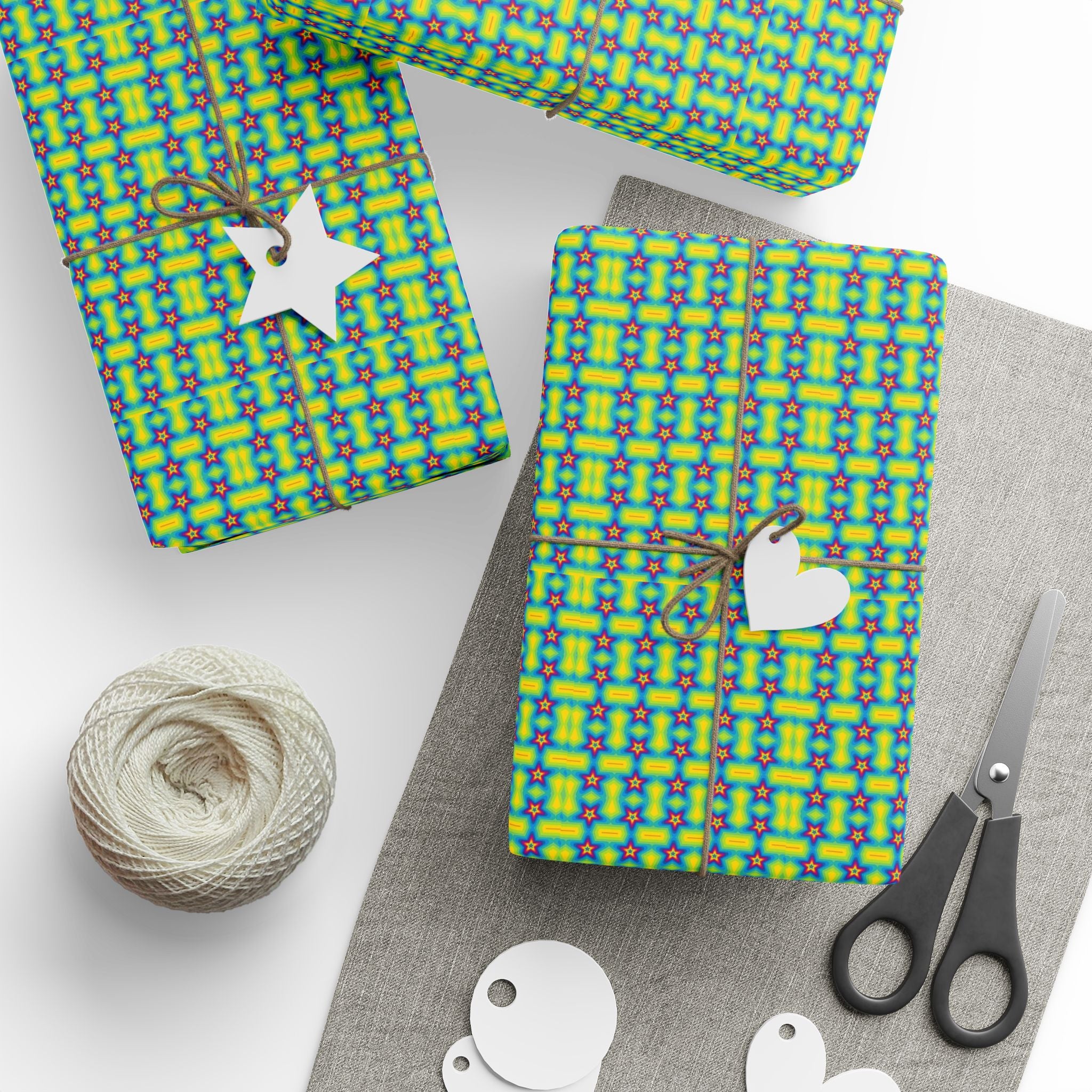 Retro 80s Neon Star Wrapping Paper — Bright Green & Blue, Quirky Gift Wrap