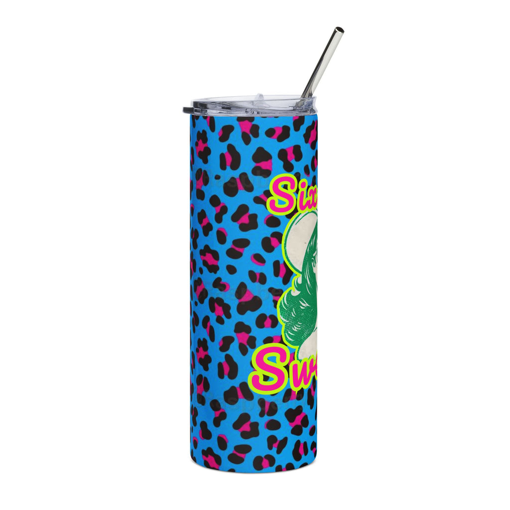 20oz Leopard Print Six Gun Sweetie Stainless Tumbler — Bright Blue & Hot Pink Animal Print Travel Cup, Retro Cowgirlsix gun sweetie