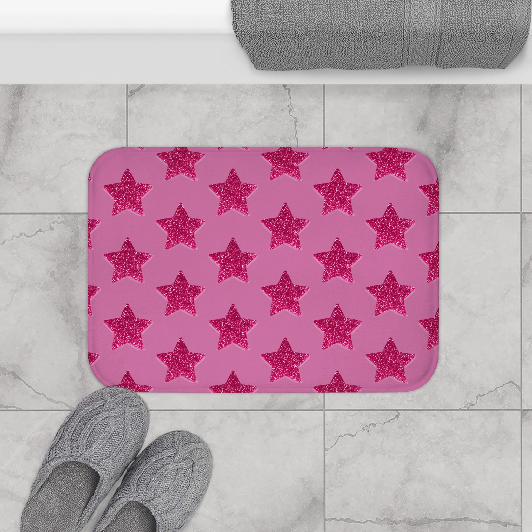 Pink Stardust Sweetheart Bath Mat | Retro Glam Memory Foam | Matching Shower Curtain