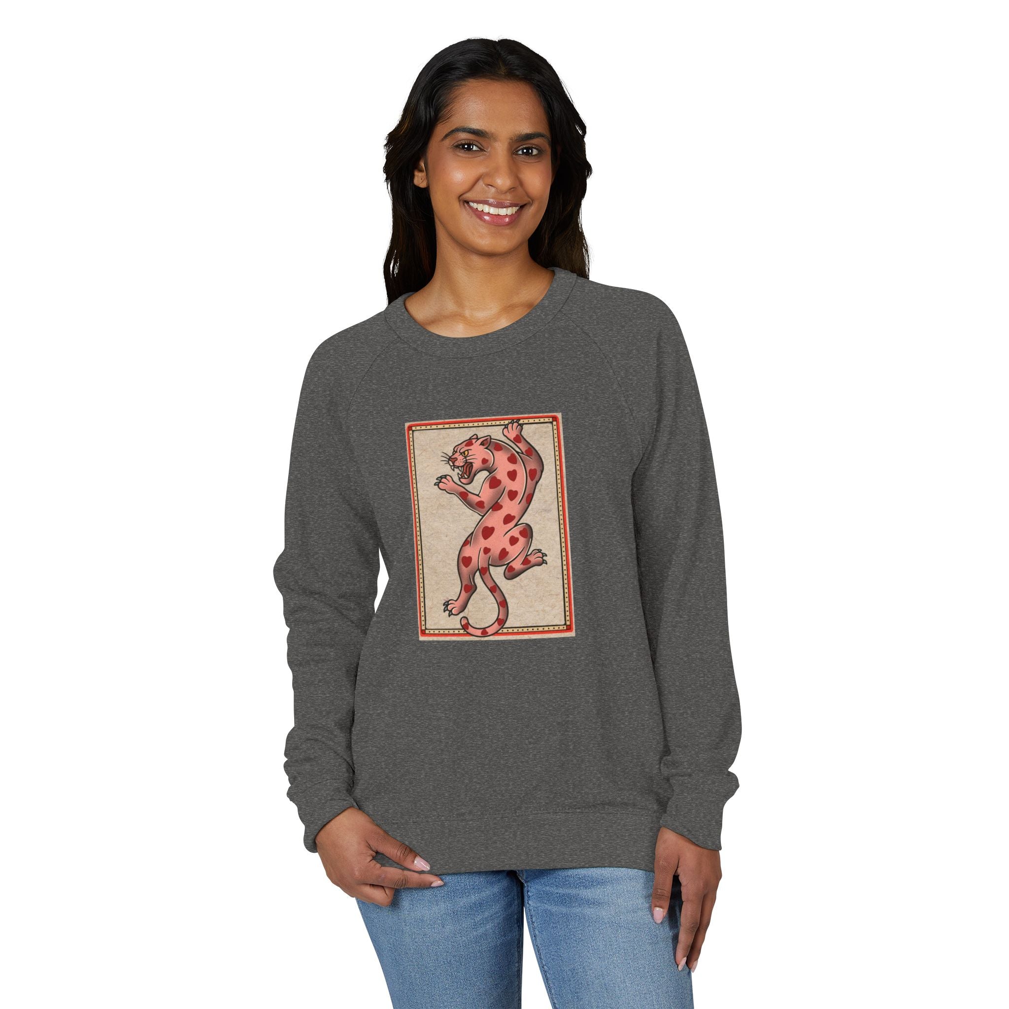 French Terry Raglan Crewneck Sweatshirt - Pink Leopard Heart Tattoo Flash Design