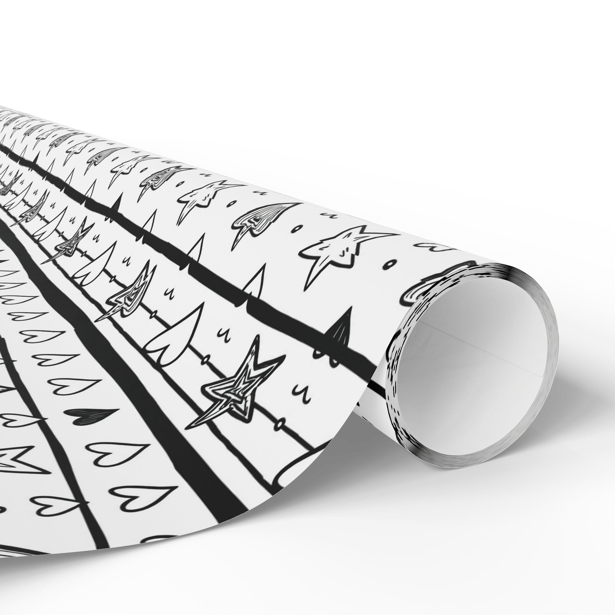 Gift Wrap Sheets Doodle Hearts Stars Black White