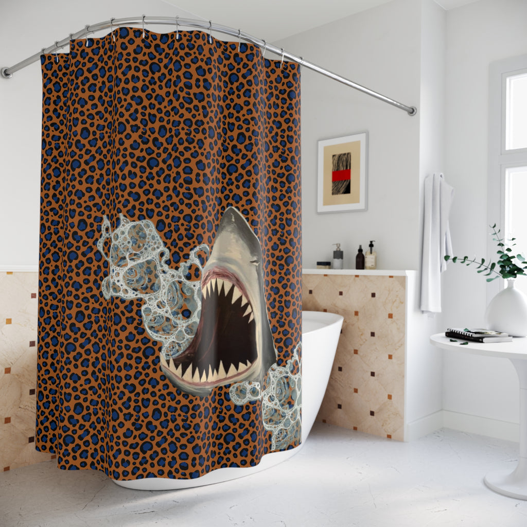 Quirky Camp Shark & Leopard Print Shower Curtain – Bold Ocean Meets Wild Animal Bathroom Décor