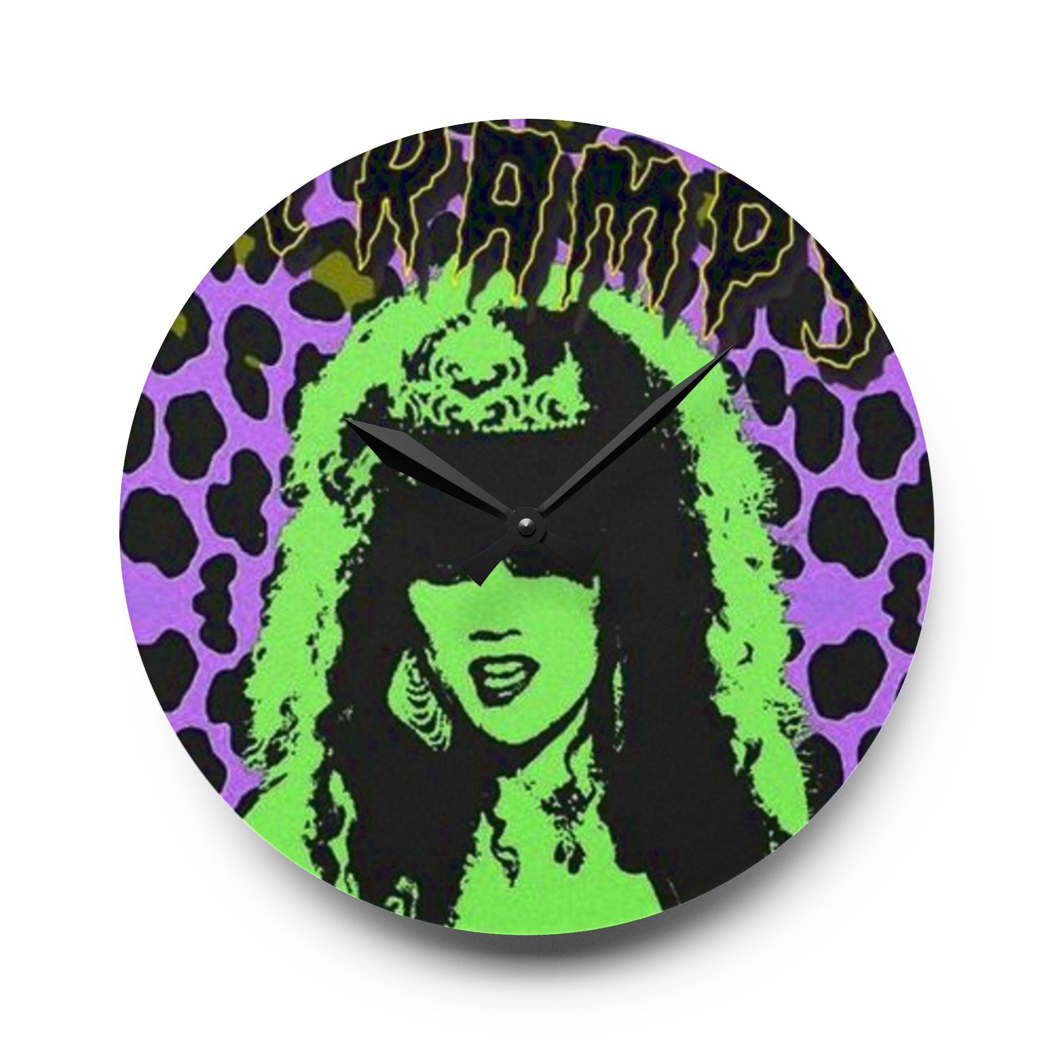 The Cramps Gothic Pop Portrait Acrylic Wall Clock — Neon Green & Purple Leopard Design