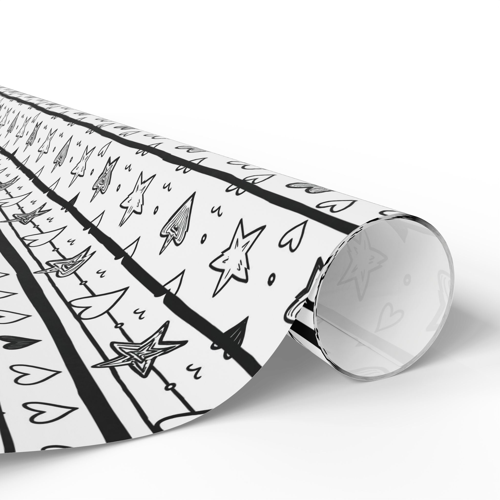 Gift Wrap Sheets Doodle Hearts Stars Black White