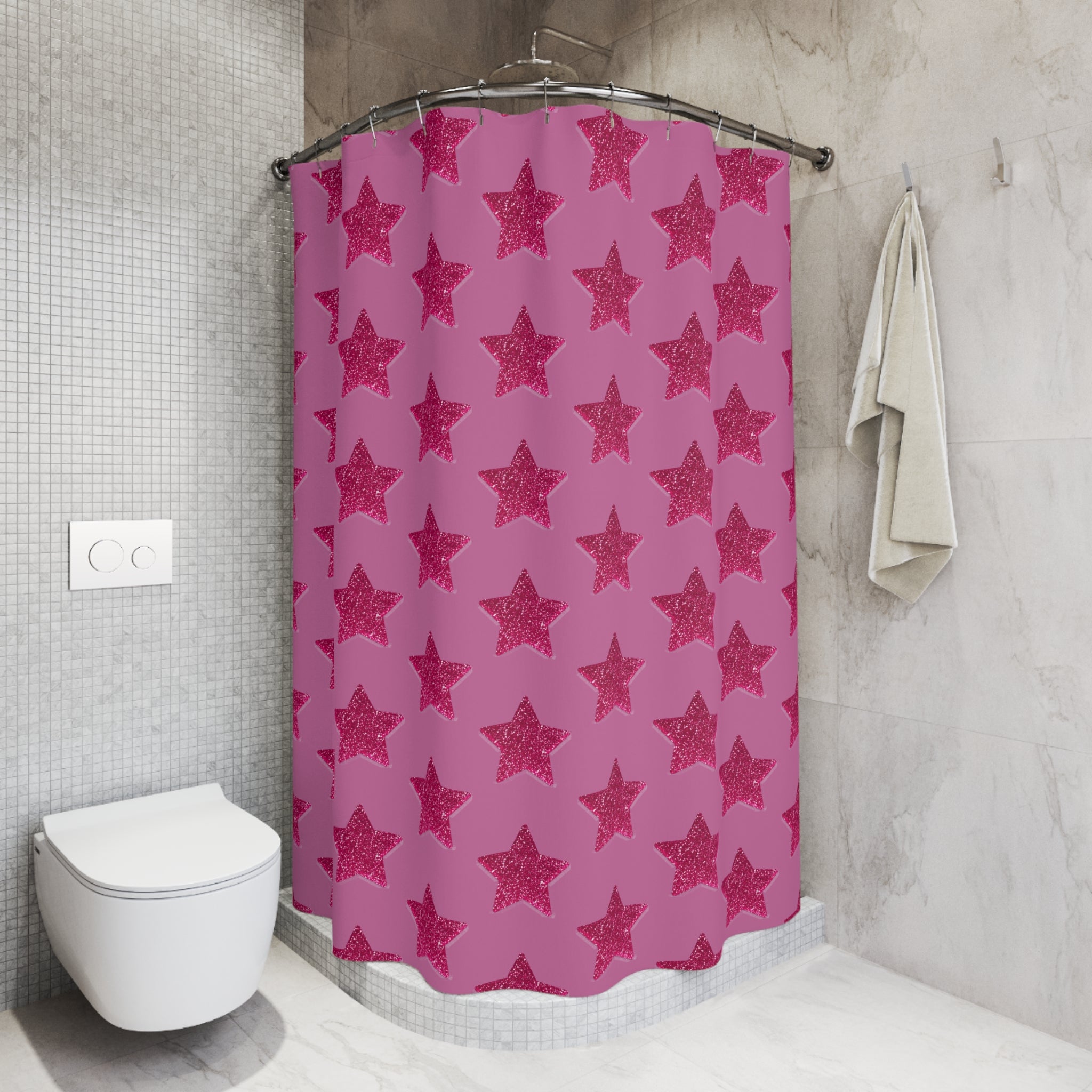 Pink Stardust Sweetheart Shower Curtain | Bright Retro Glam Star Pattern