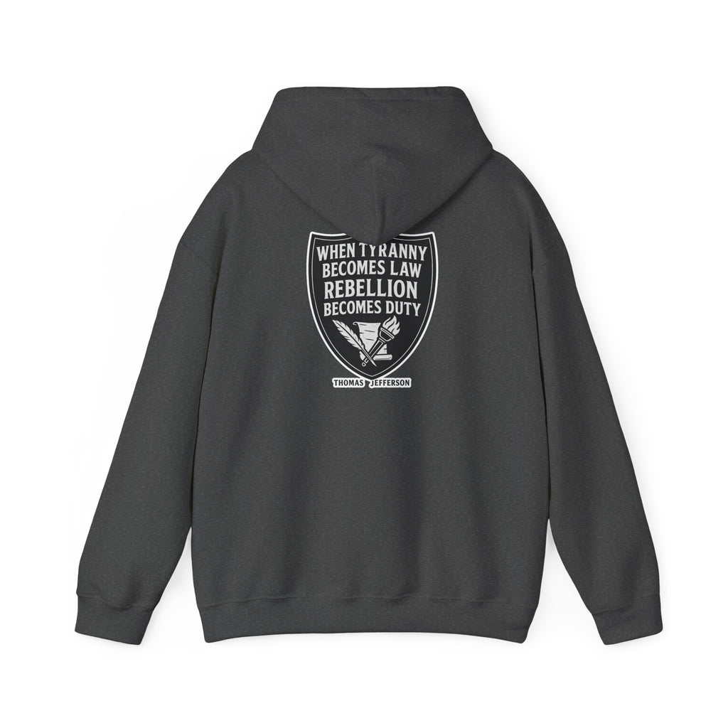 Hooded Sweatshirt featuring Thomas Jefferson Tyranny Quote and Six Guns Design, Streetwear Revolution