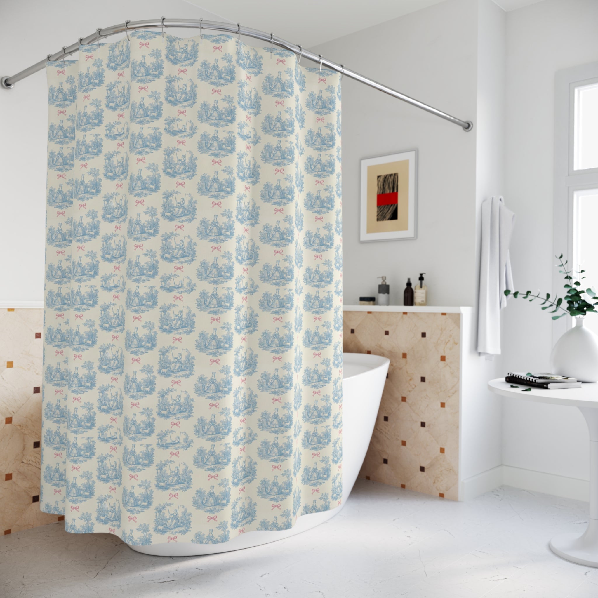 Vintage Blue Toile Shower Curtain with Pink Bow Accent — Cottagecore Bathroom Décor
