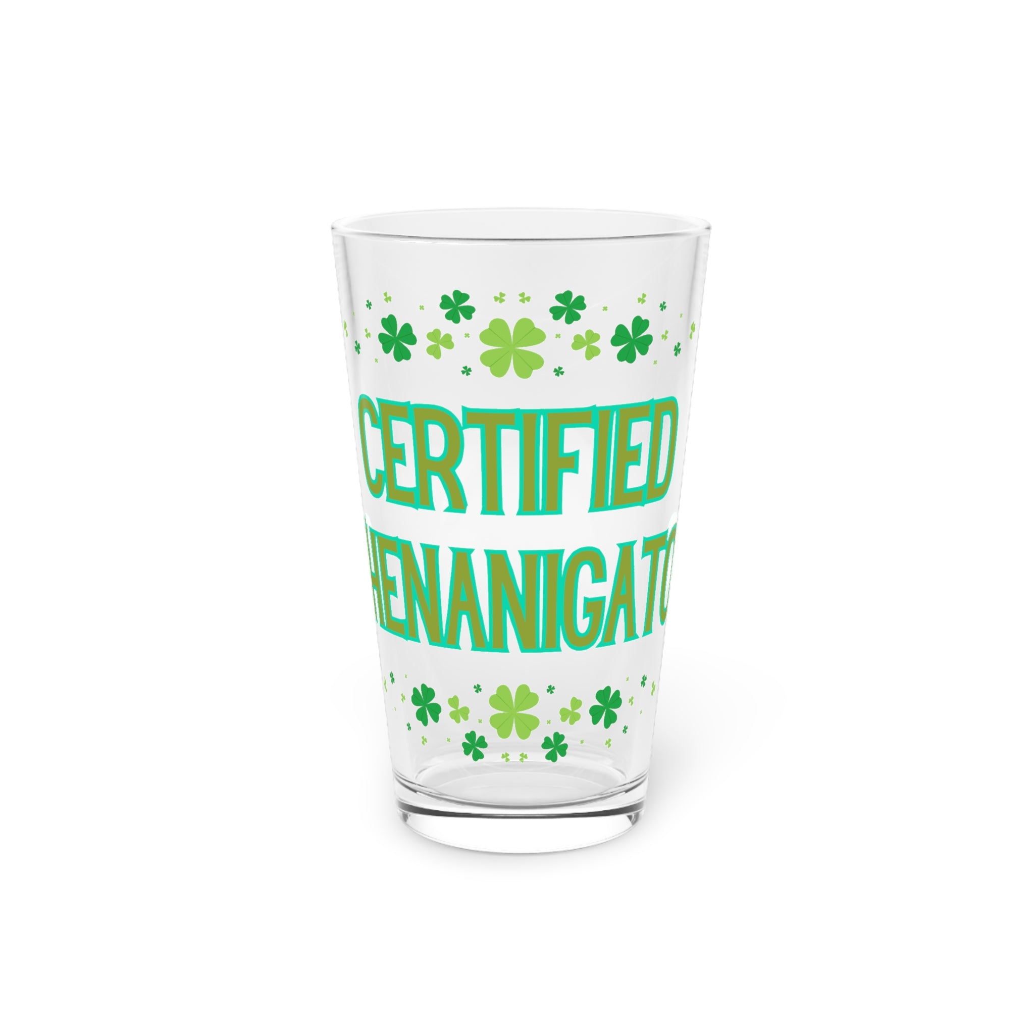 Certified Shenanigator Pint Glass – 16oz St. Patrick’s Day Beer Glass with Shamrock Design