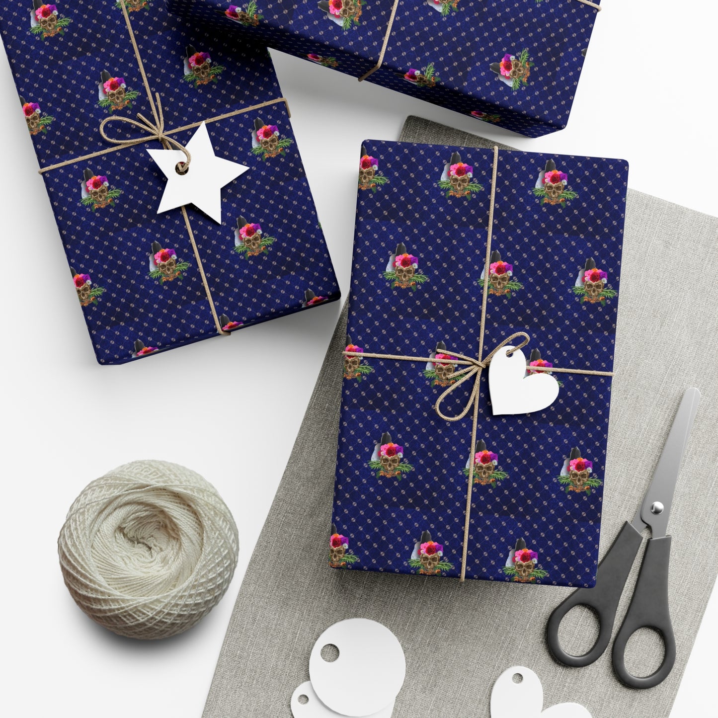 Gift Wrap Paper - Deep Blue Velvet Color Skull with Crystals Gothic Witchy Rich Design