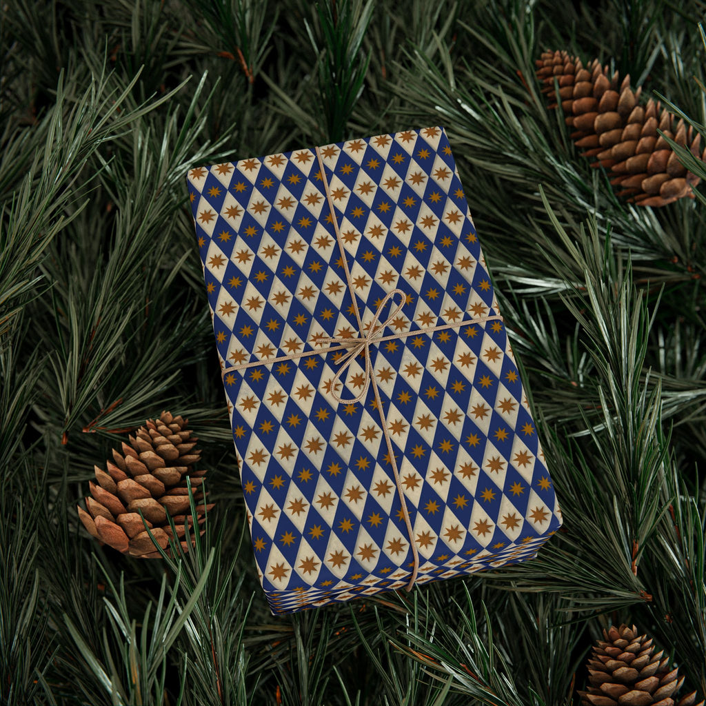 Navy Diamond Star Pattern Wrapping Paper | Geometric Holiday Wrap