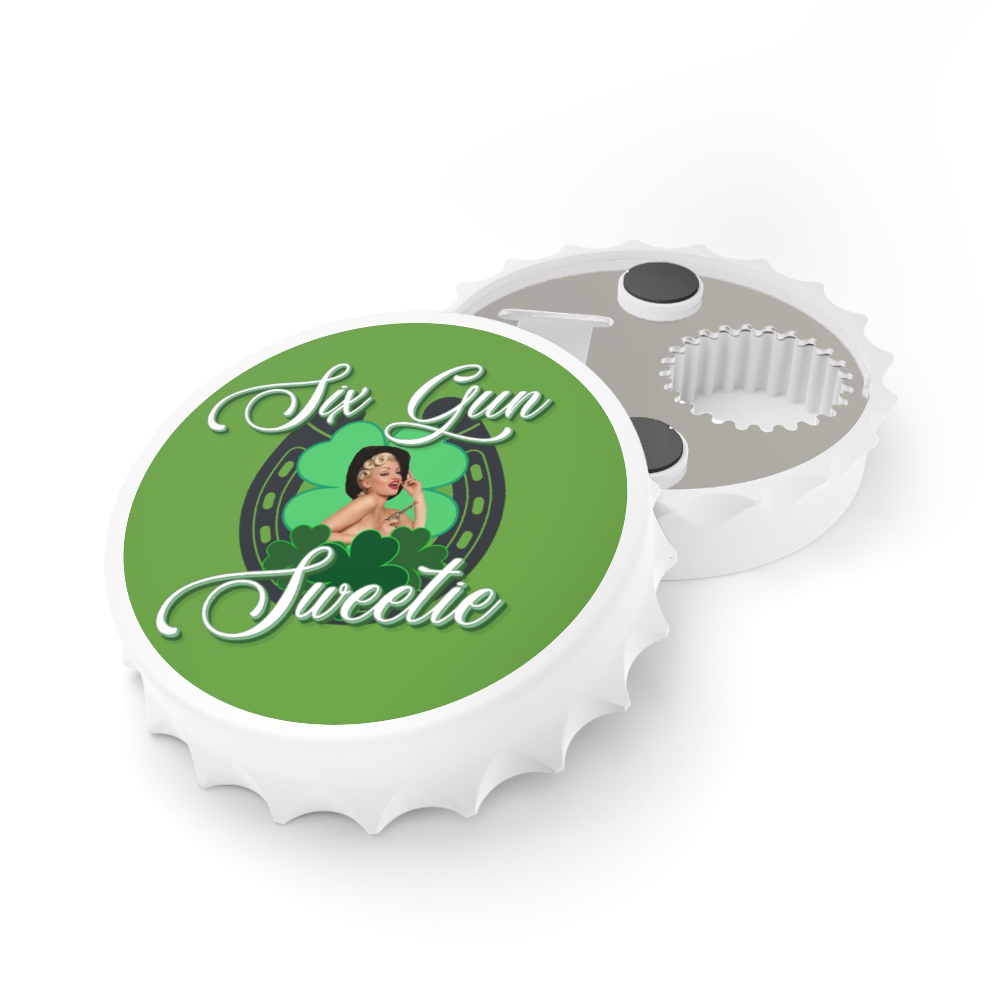 Bottle Opener — "Six Gun Sweetie" Retro Pinup St. Patrick's Day Design