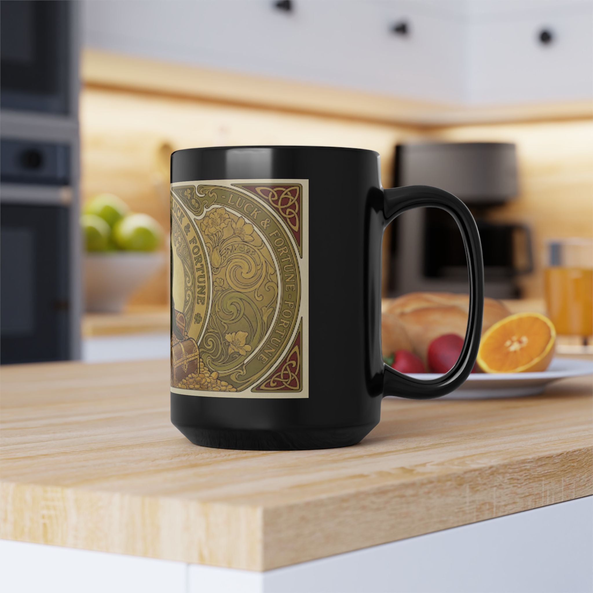 St. Patrick’s Vintage Leprechaun Black 15oz Coffee Mug — Luck & Fortune Design