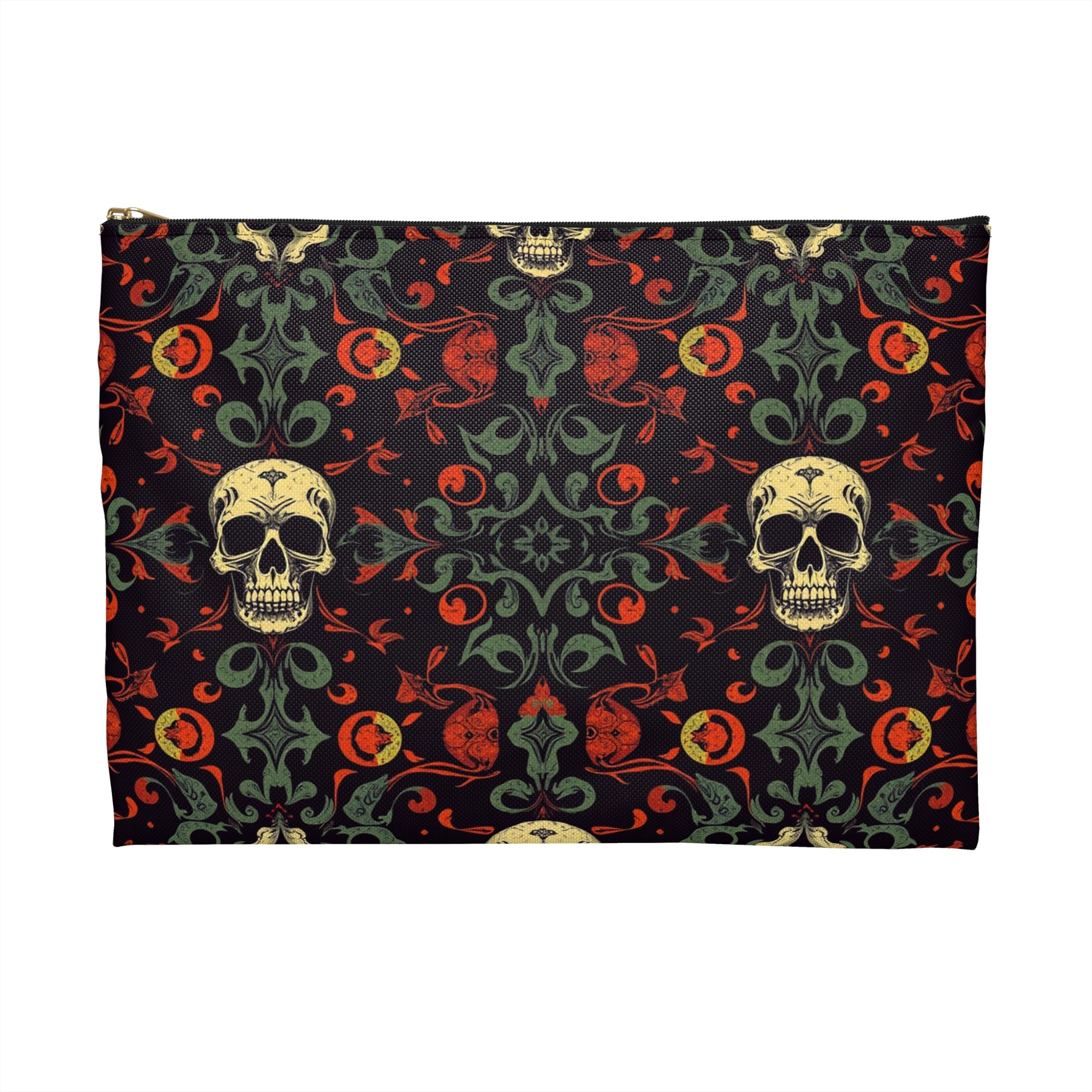 Gothic Skull Floral Pattern Zipper Pouch – Dark Aesthetic Bag in Two Sizes