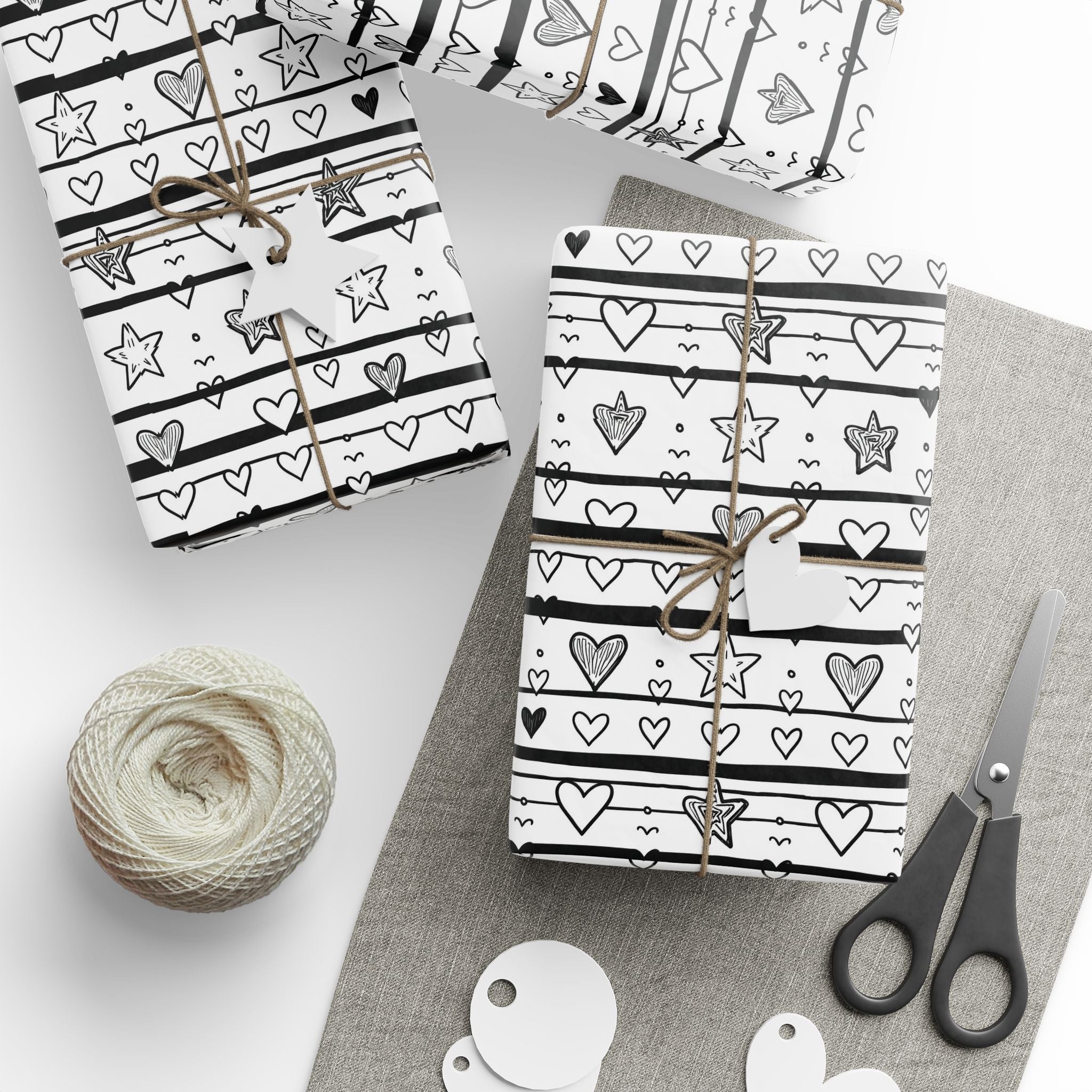 Gift Wrap Sheets Doodle Hearts Stars Black White