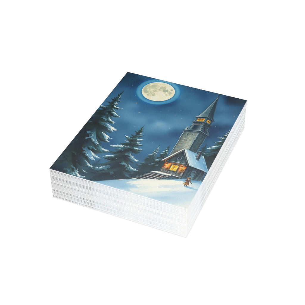Winter Church Night Scene Greeting Cards — Holiday Blank Inside (1/10/30/50 pcs)