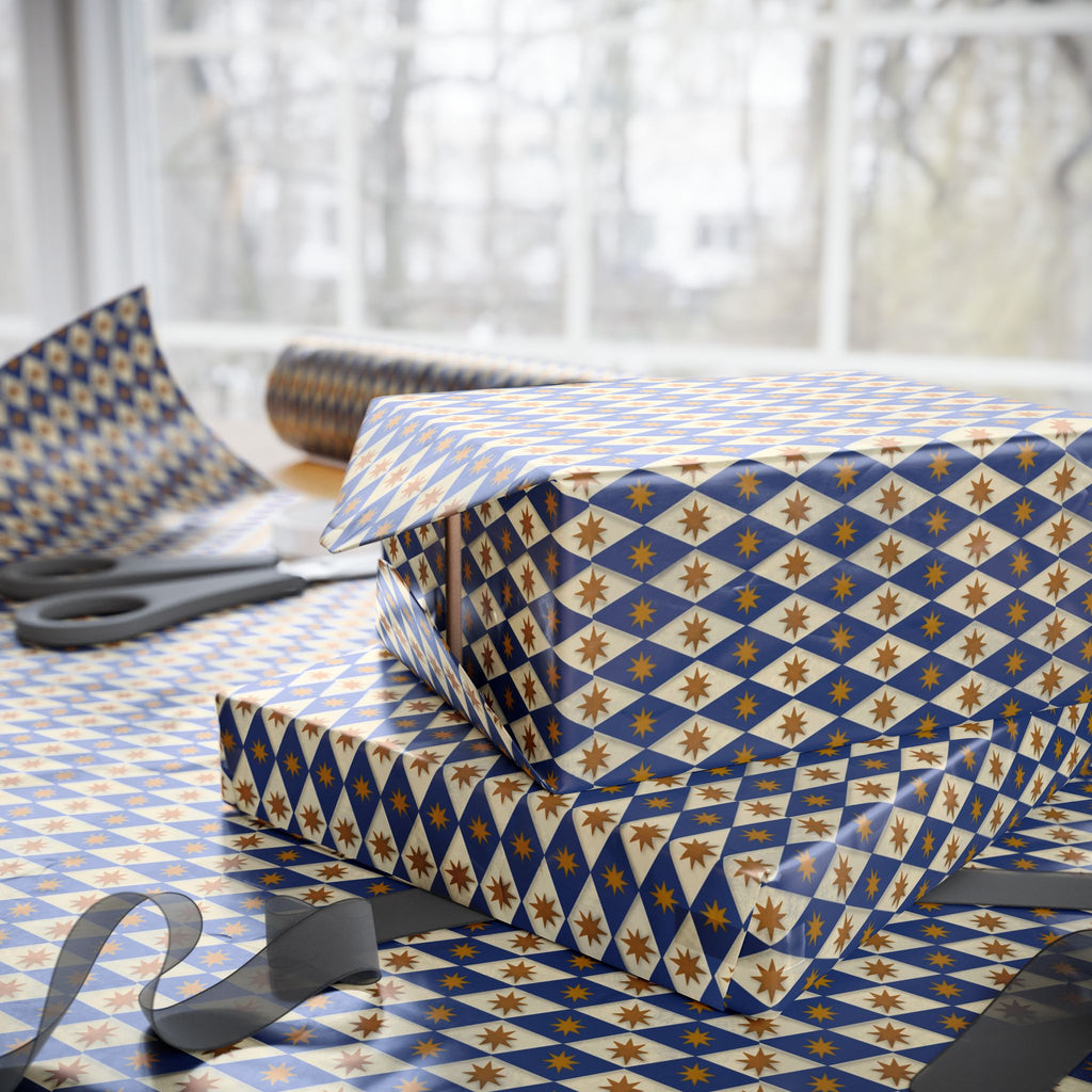 Navy Diamond Star Pattern Wrapping Paper | Geometric Holiday Wrap