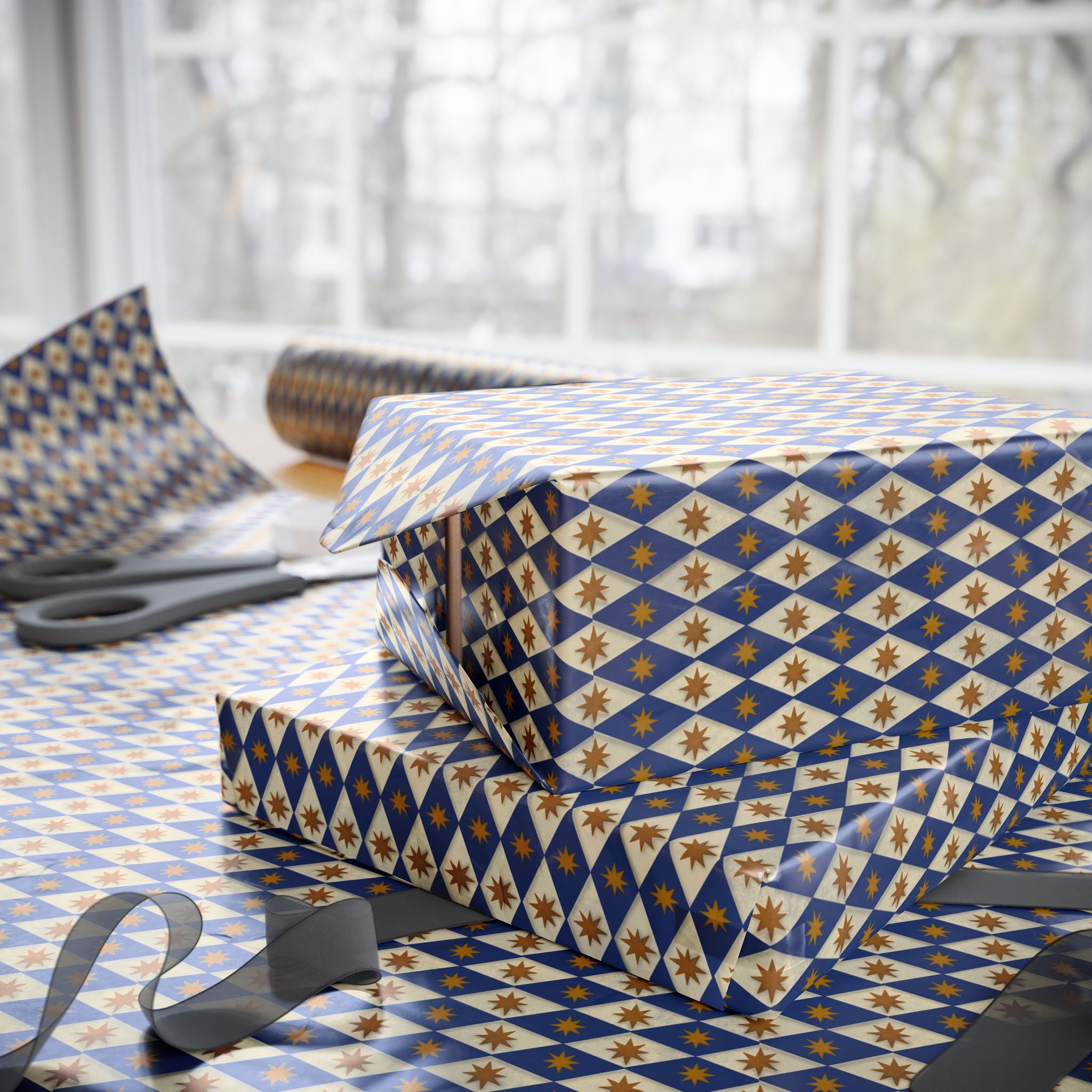 Navy Diamond Star Pattern Wrapping Paper | Geometric Holiday Wrap