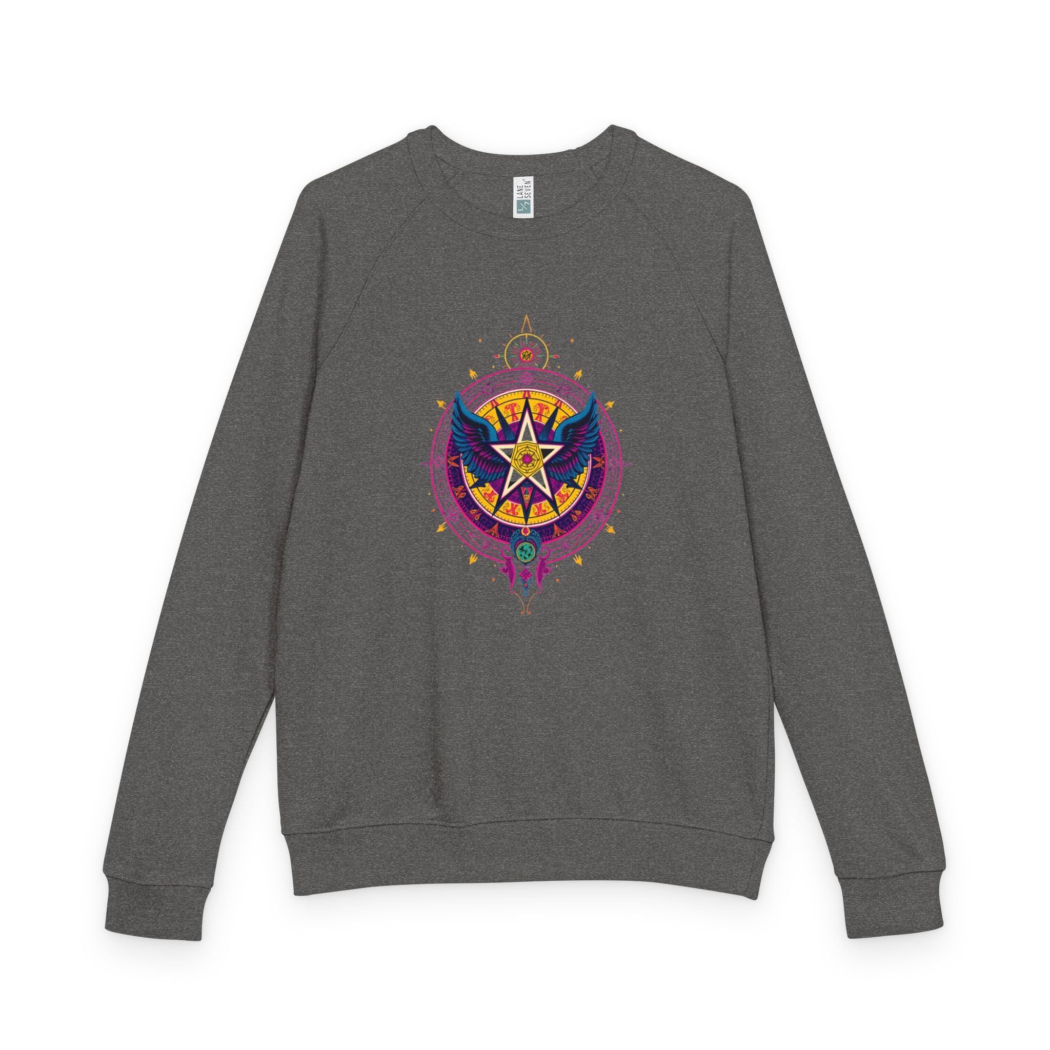 Raglan Crewneck Sweatshirt with Winged Star Rock and Roll Vintage Band Hippie Design