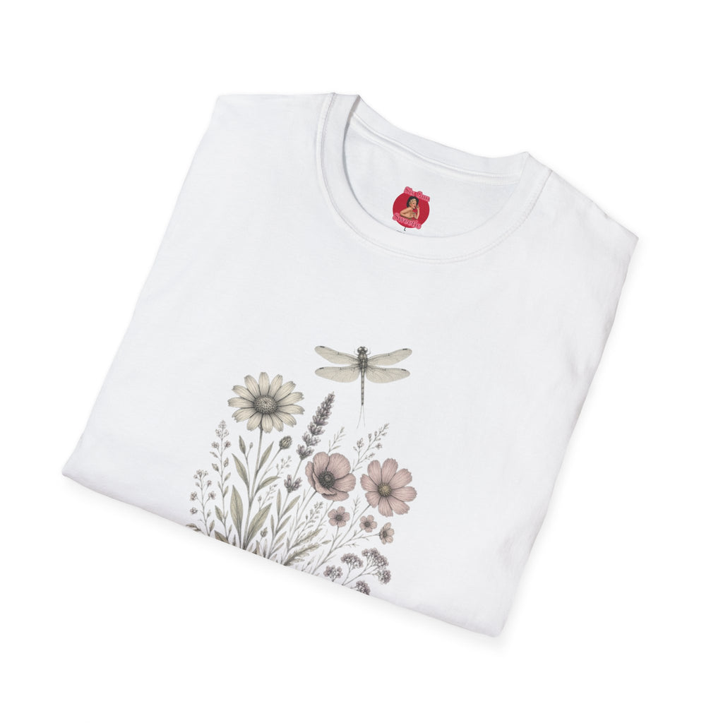 Floral Dragonfly T‑Shirt — 'Chinga La Migra' Script Garden Tee