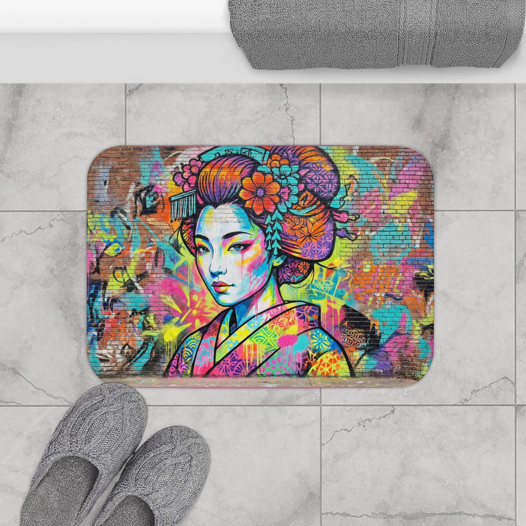 Pop Art Geisha Bath Mat — Colorful Graffiti Japanese-Inspired Bath Rug