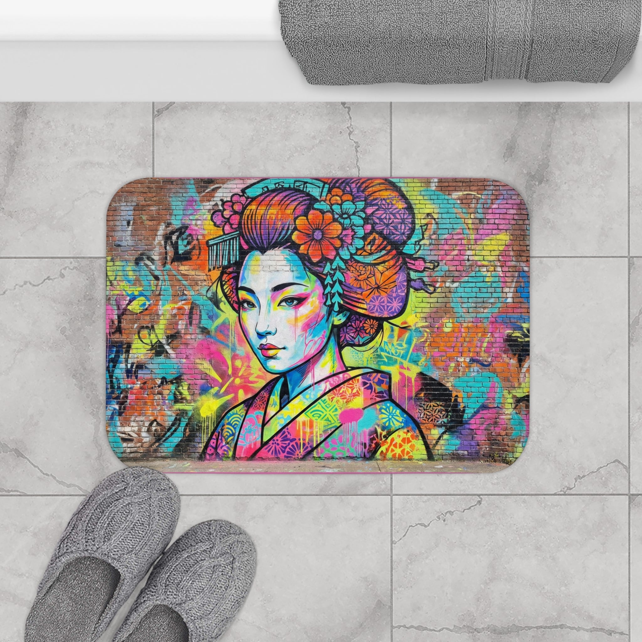 Pop Art Geisha Bath Mat — Colorful Graffiti Japanese-Inspired Bath Rug