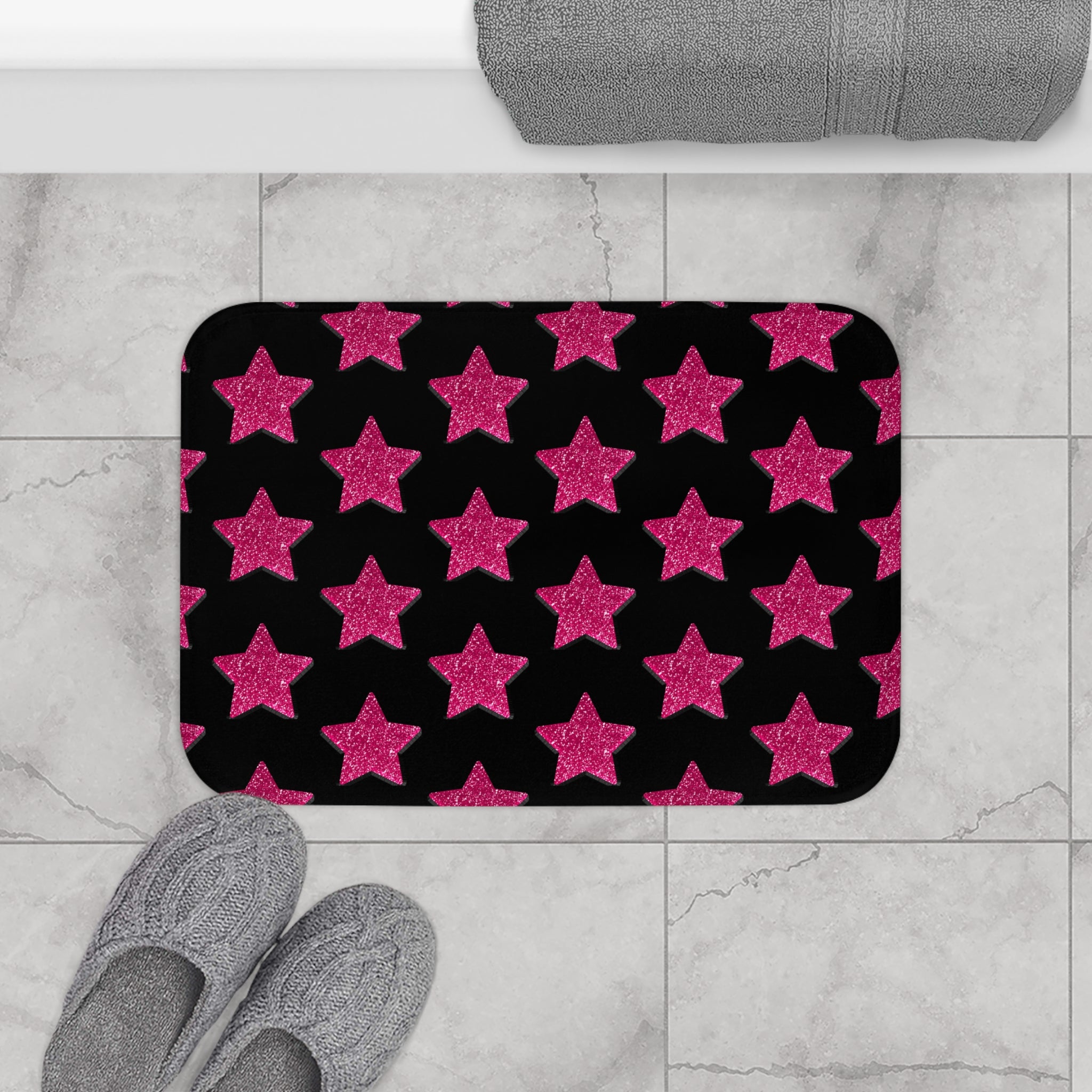 Pink Stardust Pop Bath Mat | Retro Glam Memory Foam | Matching Shower Curtain