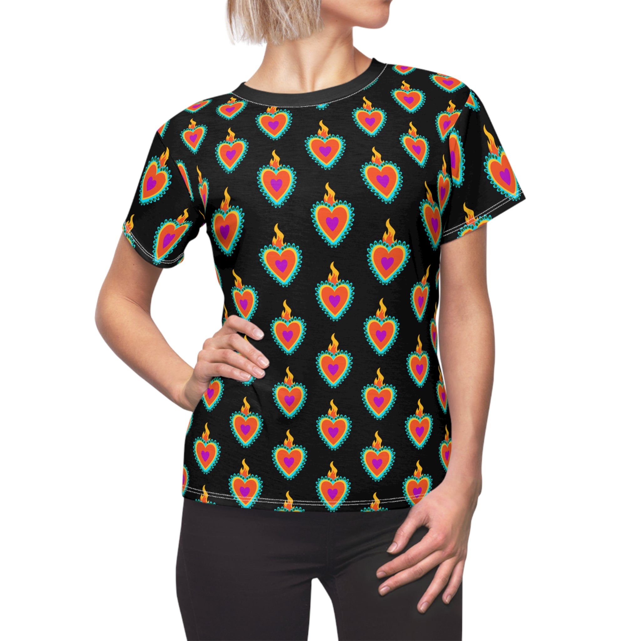 Vibrant Heart Print Tee | Colorful Women's Cut & Sew Top, Casual T-Shirt, Everyday Wear, Festival Outfit, Gift for Her