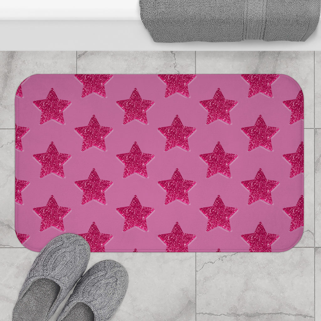 Pink Stardust Sweetheart Bath Mat | Retro Glam Memory Foam | Matching Shower Curtain