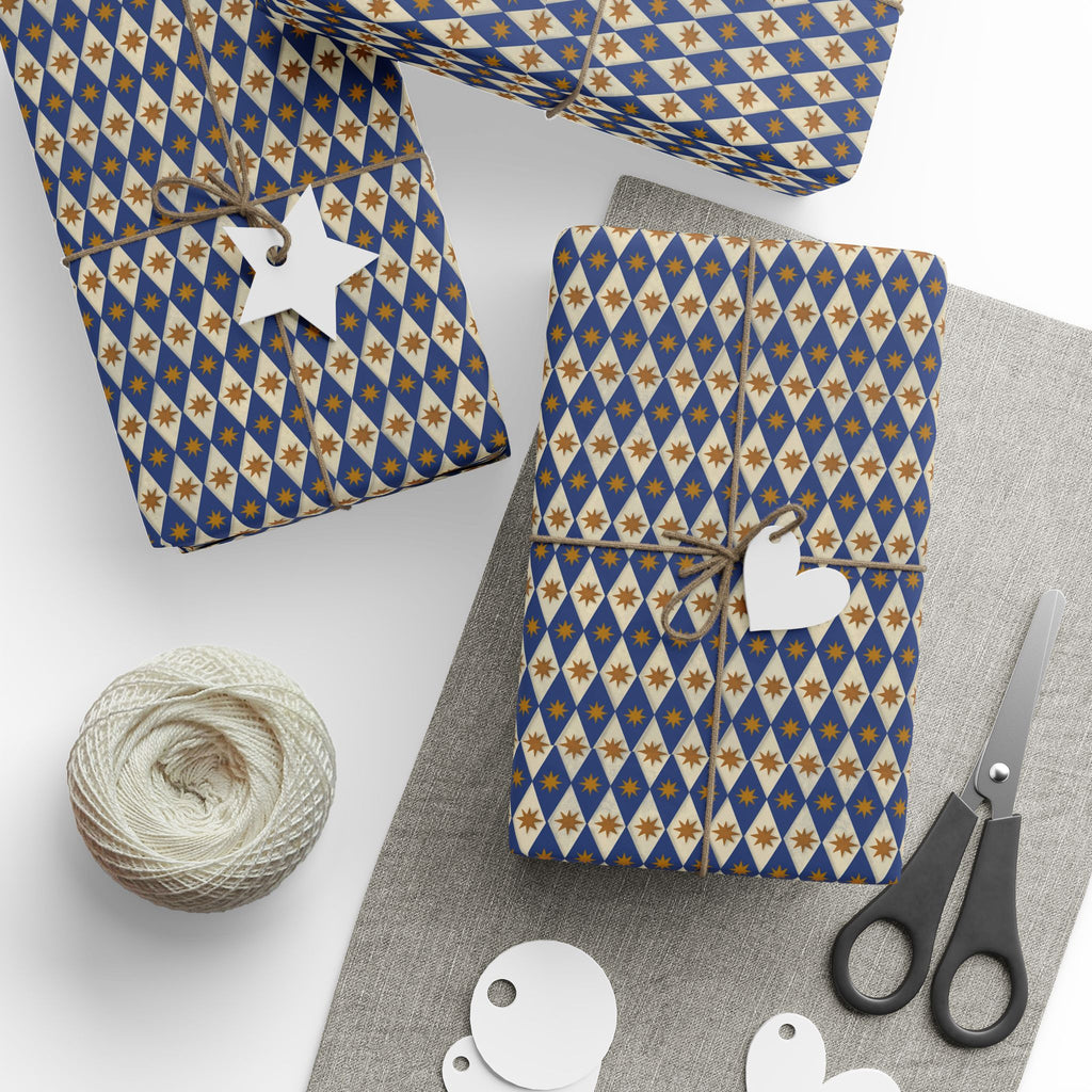 Navy Diamond Star Pattern Wrapping Paper | Geometric Holiday Wrap
