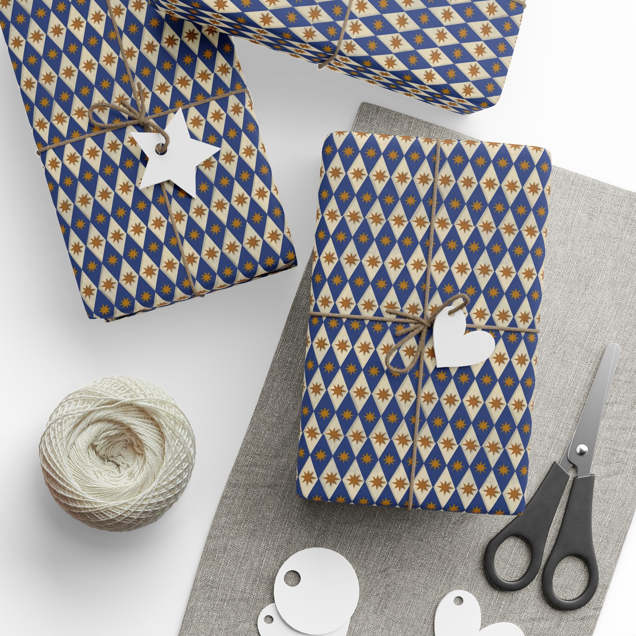 Navy Diamond Star Pattern Wrapping Paper | Geometric Holiday Wrap