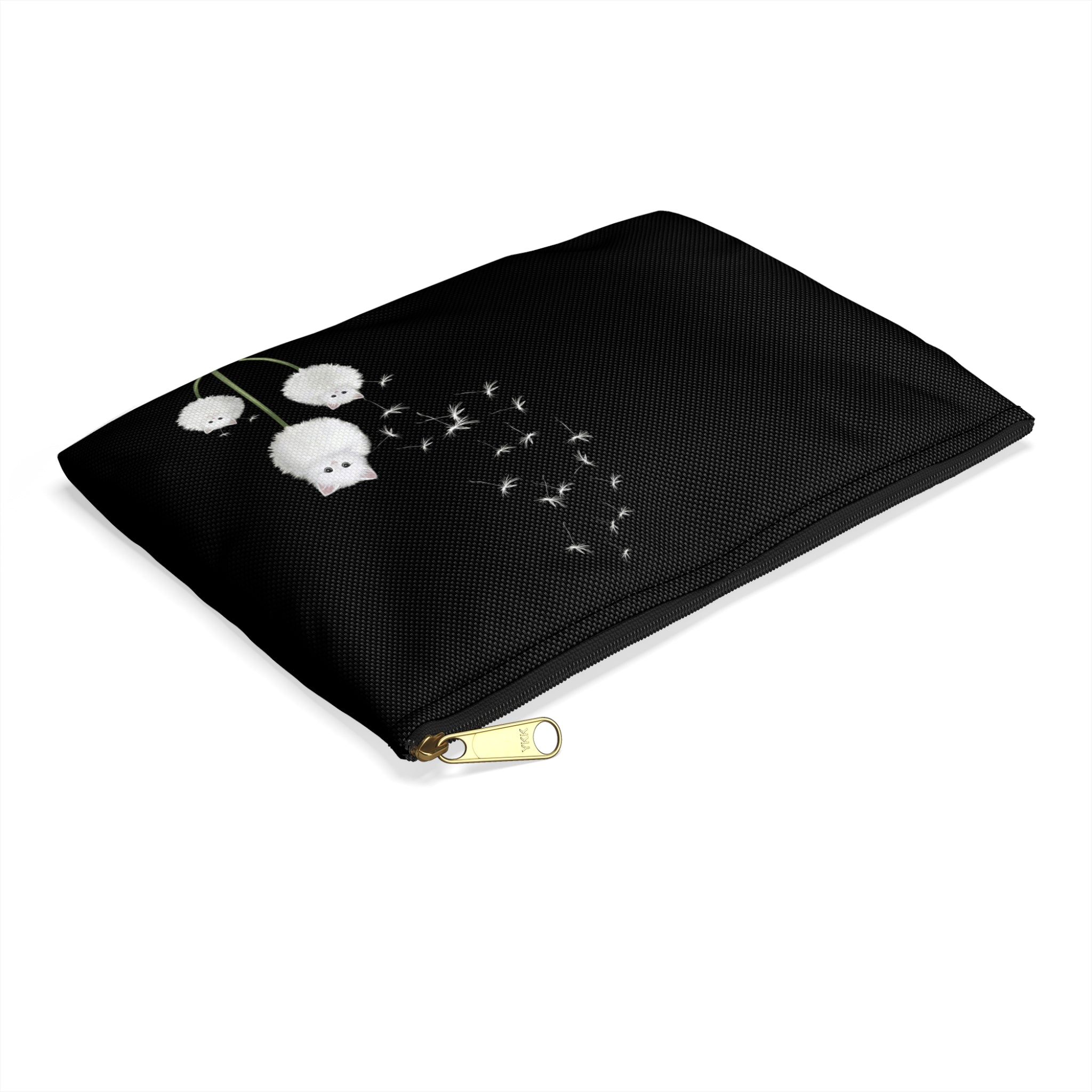 Cute White Kitten Dandelion Accessory Pouch — Whimsical Cat Lover Makeup Bag