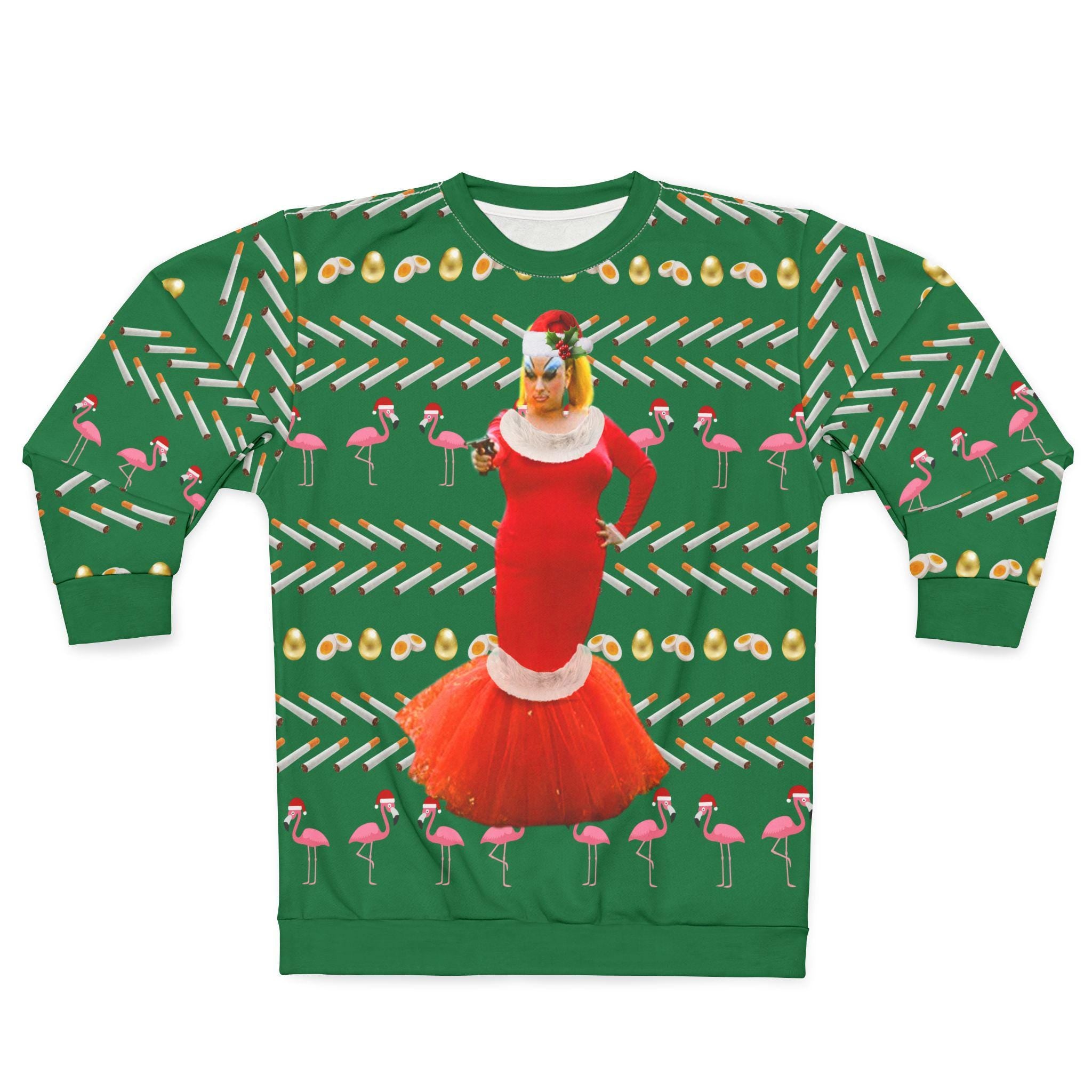 Divine Pink Flamingos Ugly Christmas Sweatshirt, Babs Johnson Santa Claus Unisex Jumper, Holiday Sweater Pullover, Funny Xmas Top, Retro